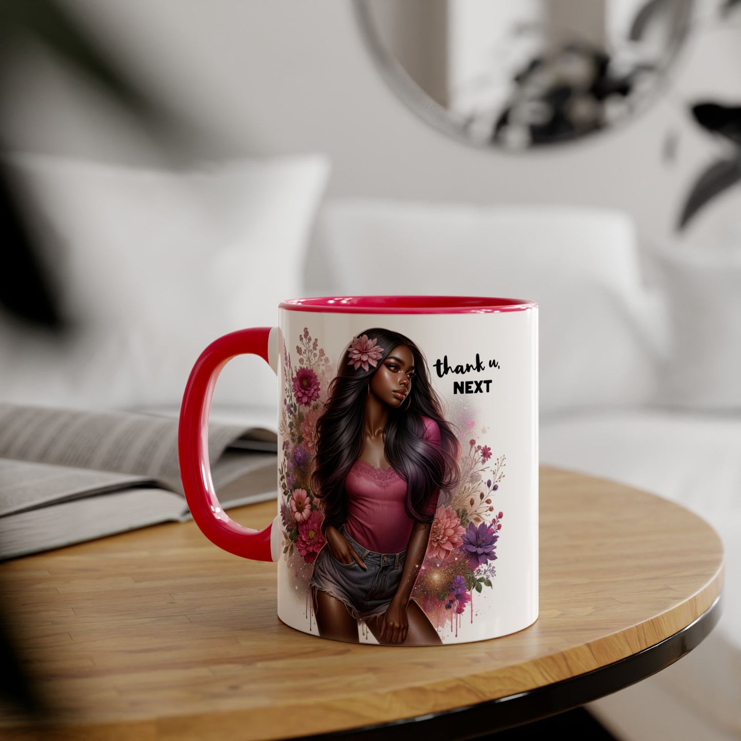 Thank U, Next Floral Artistic Accent Mug, Thank You Next Coffee Cup, Colorful Gift for Her, Boho Style Ceramic Mug, Unique Tea Mug