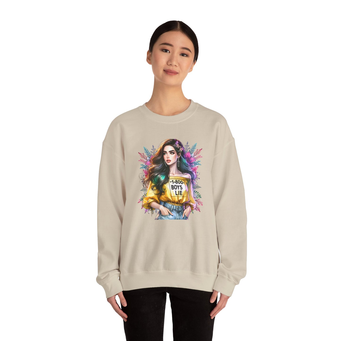 1-800-Boys-Lie Colorful Graphic Crewneck Sweatshirt - 'Boys Lie' Design, Unisex Sweatshirt, Trendy Gift, Casual Wear, Comfortable Outfit