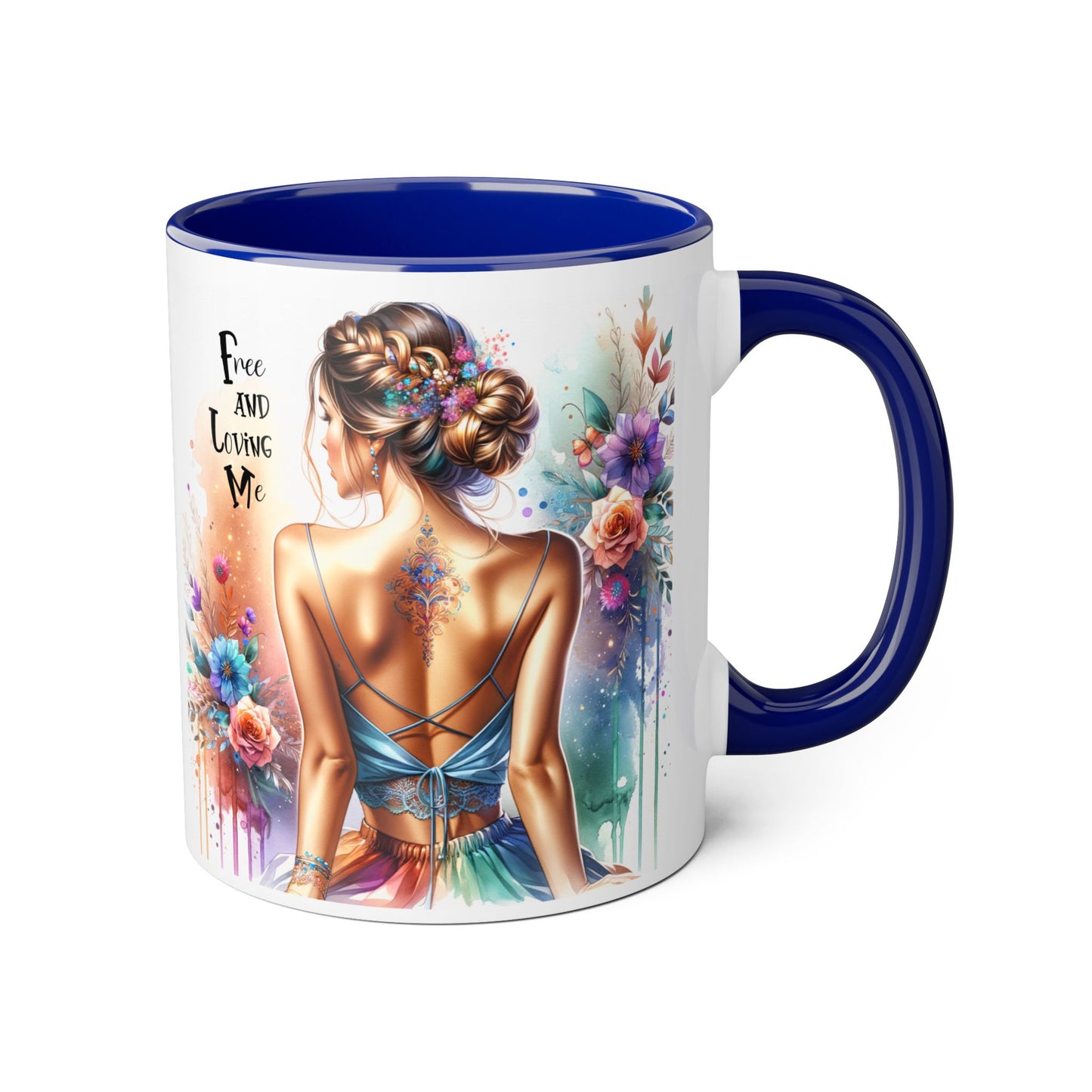 Artistic Floral Accent Mug, Free and Loving Me Ceramic Coffee Cup, Inspirational Gift, Unique Drinkware, Bohemian Style Mug