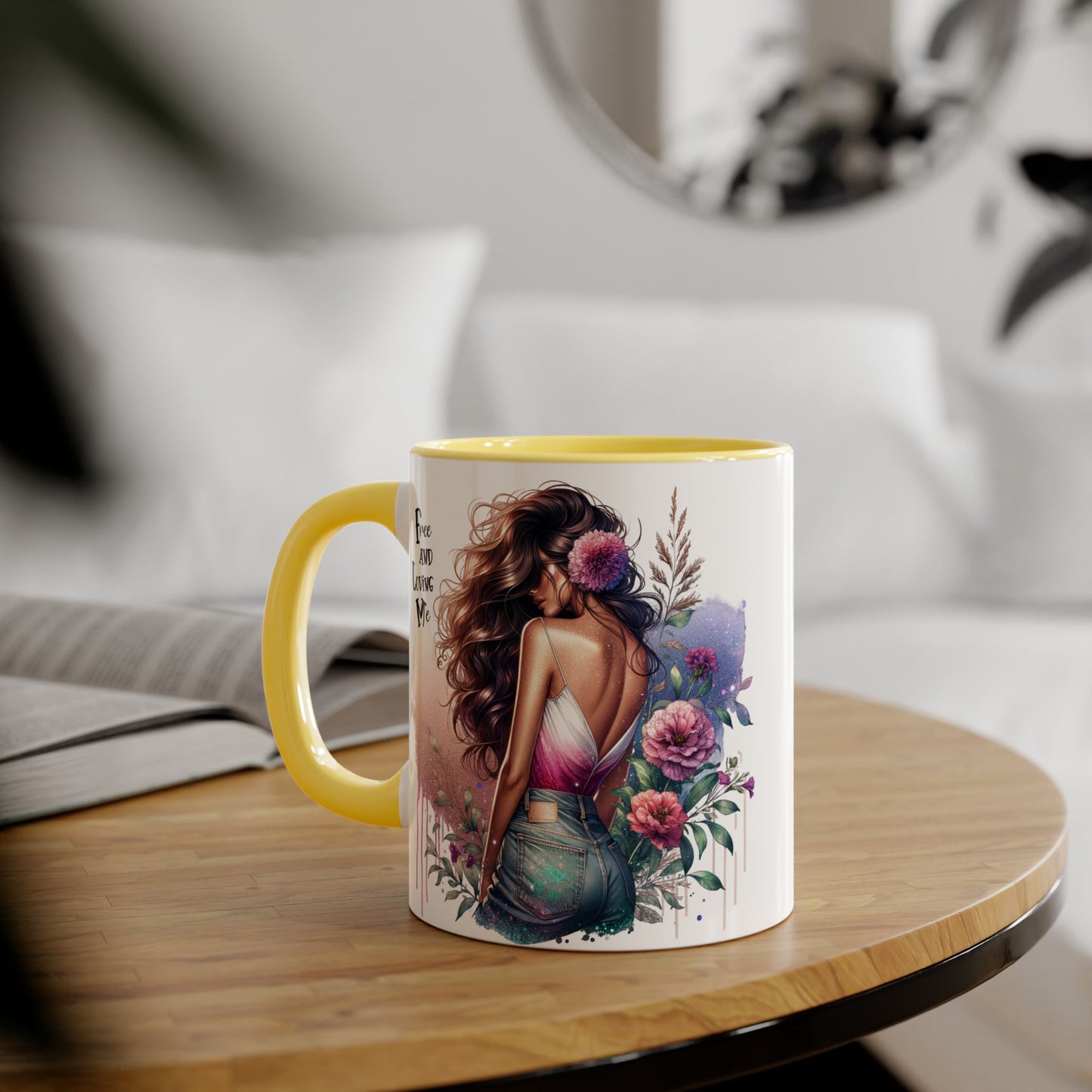 Free and Loving Me Boho Floral Accent Mug, 11oz Coffee Cup, Inspirational Mug for Women, Gift for Friends, Cozy Home Decor, Self-Love Reminder