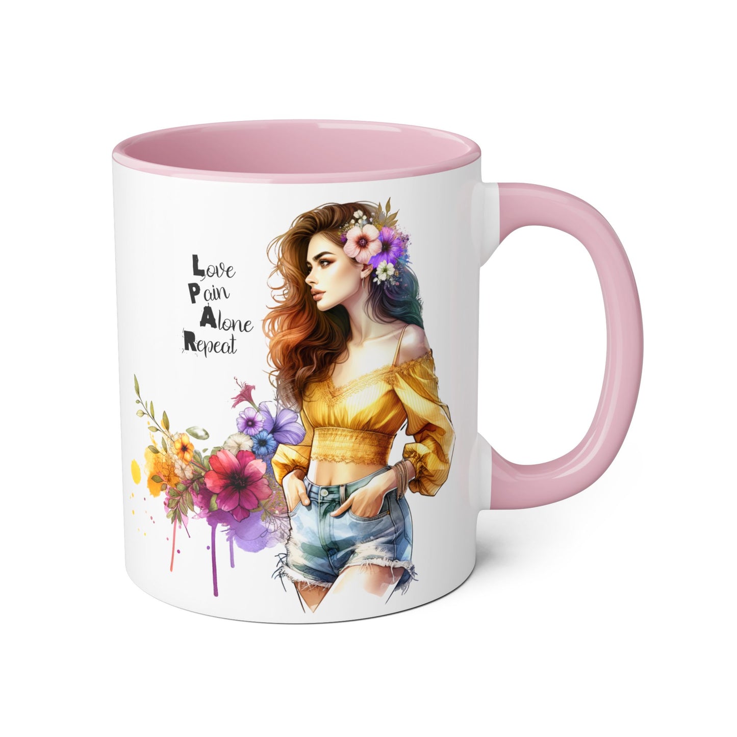 Colorful Floral Accent Mug, Love Pain Alone Repeat, Inspirational Coffee Cup, Gift for Friends, Art Lover Mug