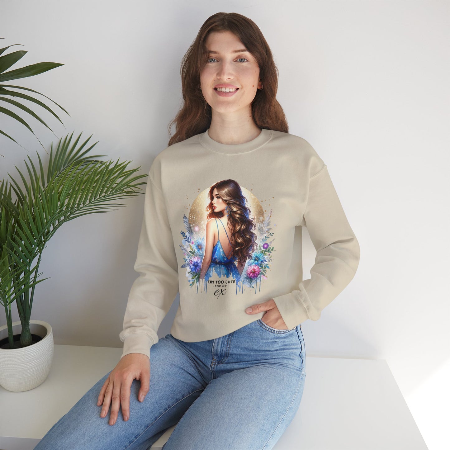 I'm Too Cute For My Ex Artistic Floral Crewneck Sweatshirt with Elegant Woman Design, Cozy Pullover, Gift for Her, Trendy Apparel, Perfect for Everyday Wear