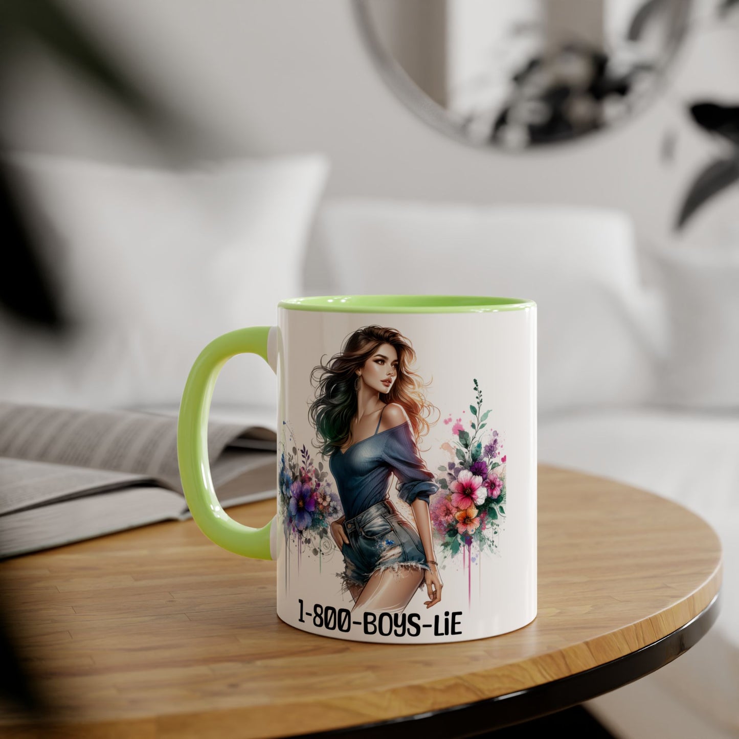 Chic Watercolor Accent Mugs, Floral Coffee Cup, Gift for Her, Trendy Drinkware, Unique Office Mug, 1-800-BOYS-LIE