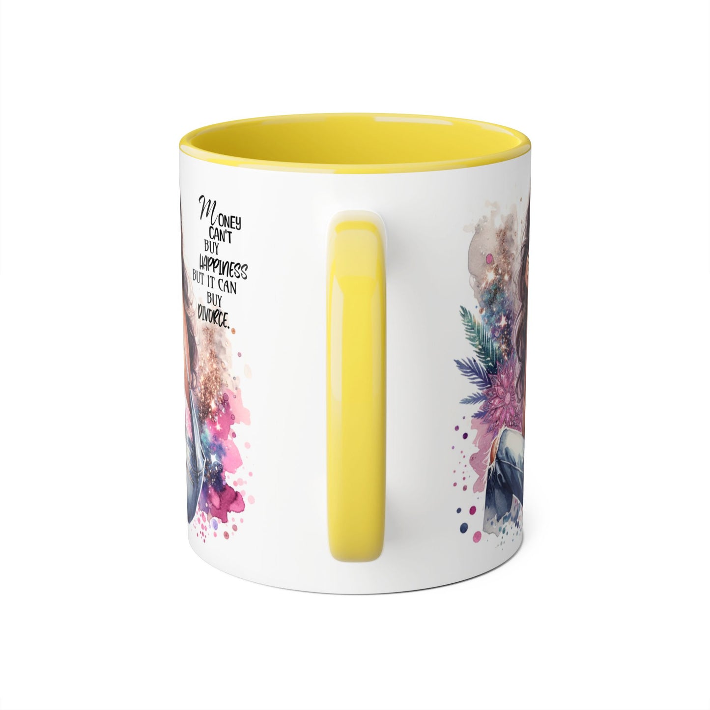 Money Can't Buy Happiness But It Can Buy Divorce Humoristic Artistic Inspirational Mug, Stylish Coffee Cup for Motivation, Unique Gift for Friends, Home Décor, Floral Design