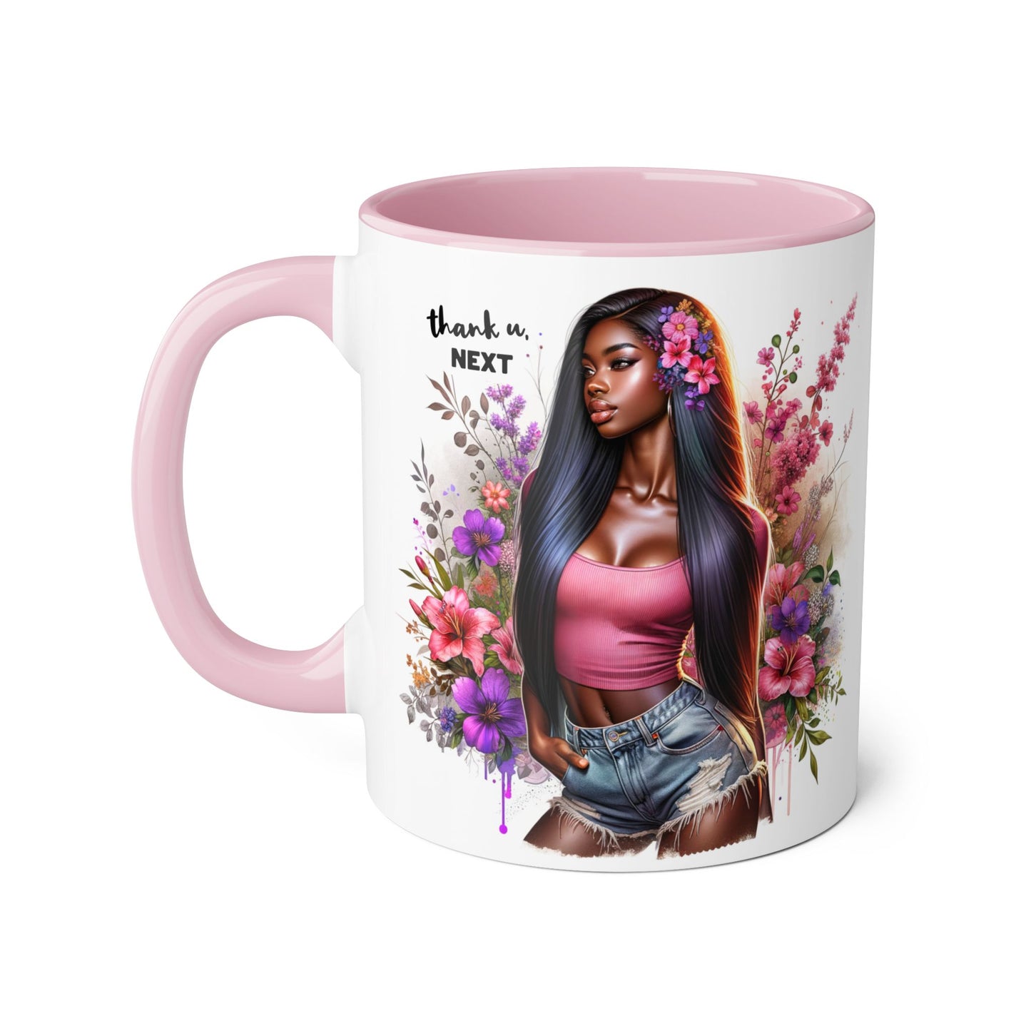Thank U, Next Floral Accent Mug, Thank U Next Quote, Gift for Her, Coffee Cup, Unique Art, Black Handle Mug