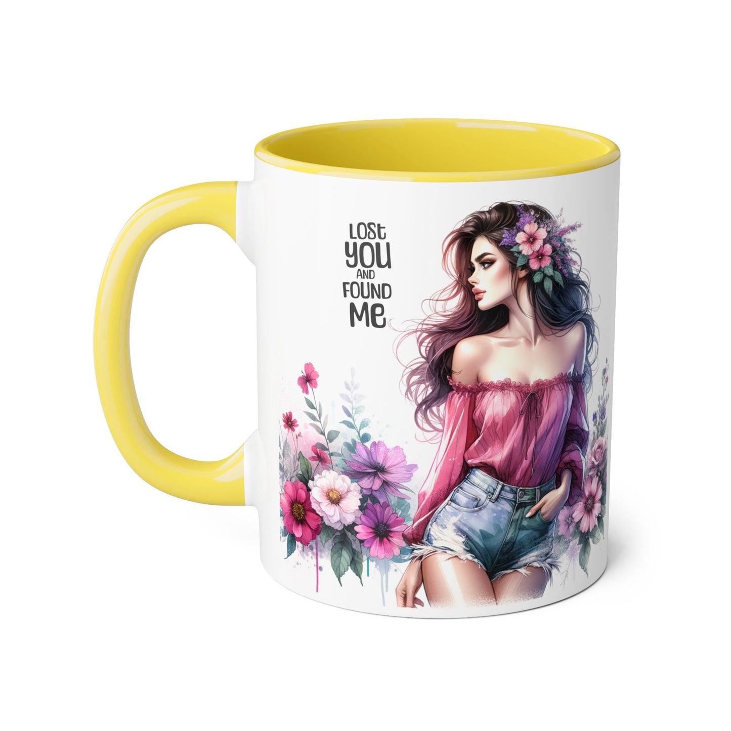 Lost You and Found Me Floral Beauty Accent Mug, Coffee Cup, Gift for Her, Inspirational Quote Mug, Artistic Drinkware, Home Decor