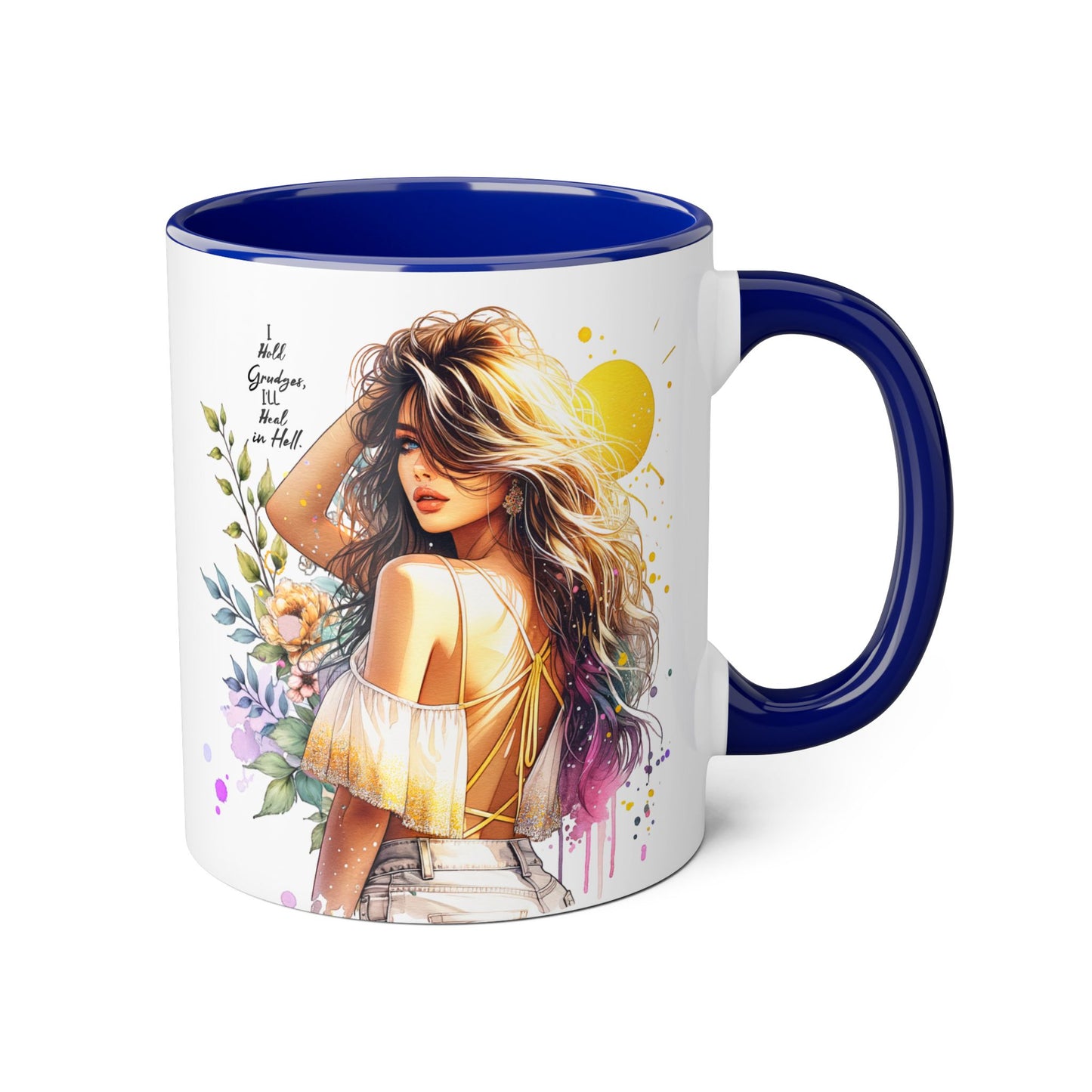 I Hold Grudges, I'll Heal in Hell Humoristic Artistic Accent Mugs, Floral Sunset Mug, Inspirational Coffee Cup, Unique Gift for Her, Bohemian Style Drinkware