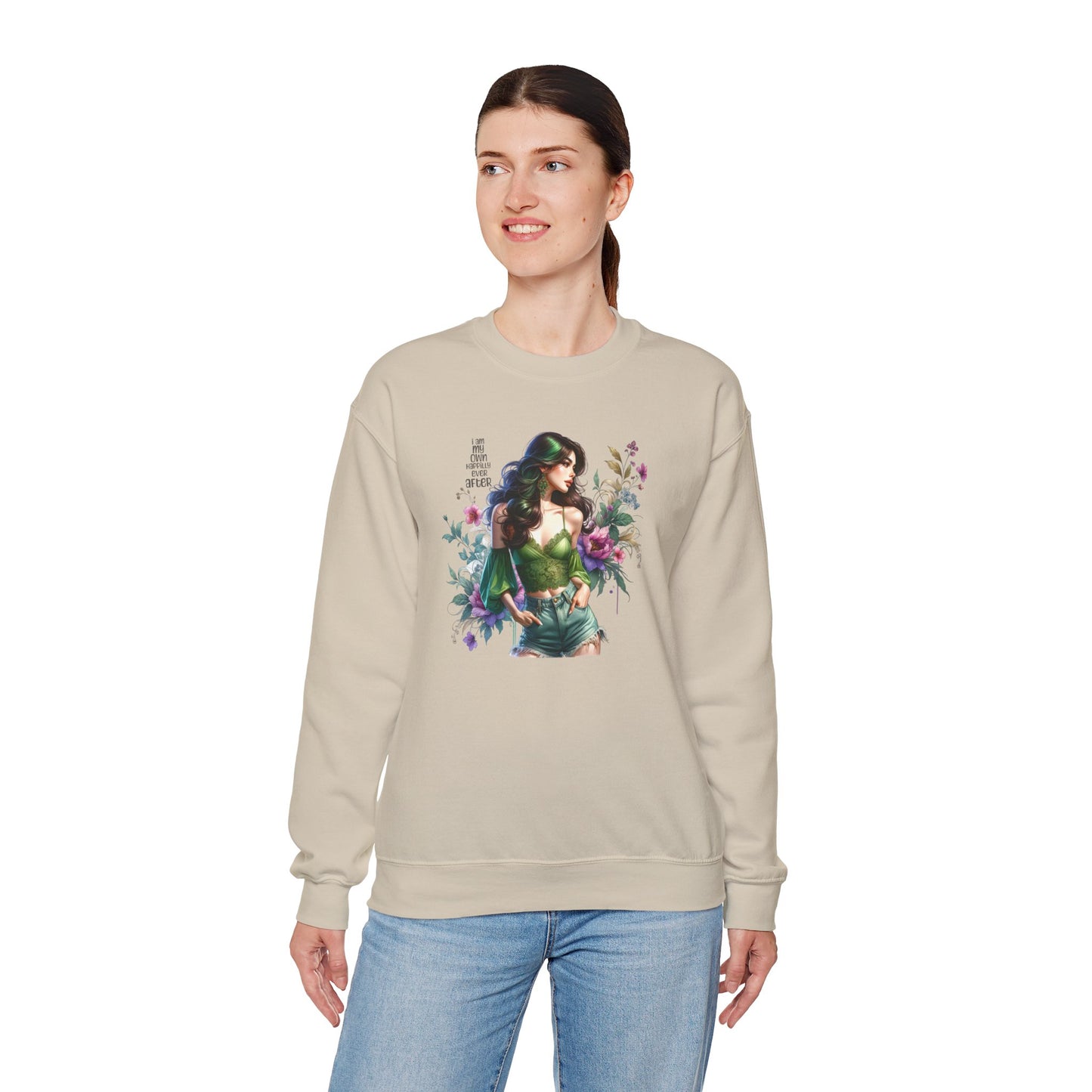 I Am My Own Happily Ever After Heroine Floral Sweatshirt | Unisex Cozy Crewneck, Gift for Her, Vintage Style, Plant Lover's Apparel, Superhero Inspired