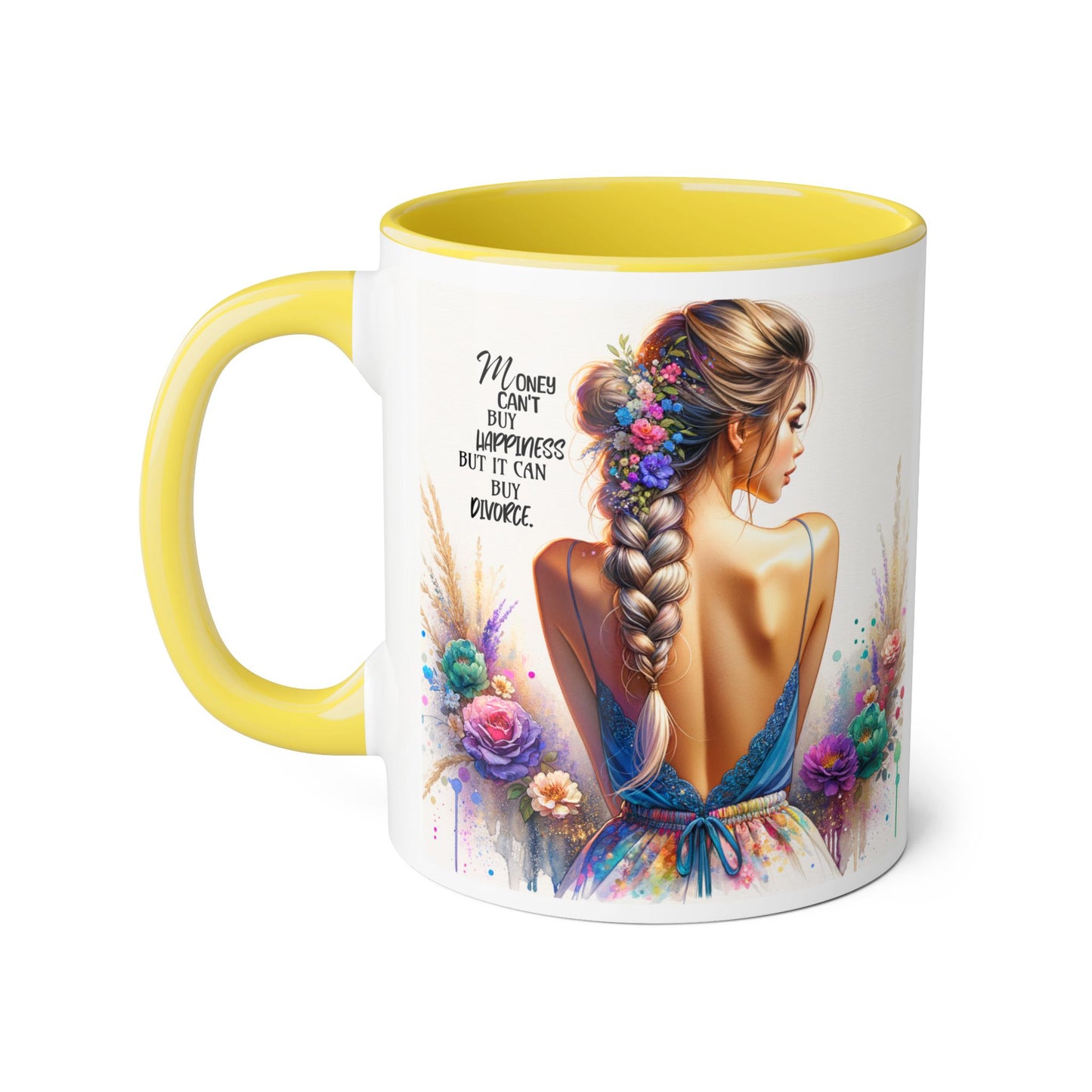 Money Can't Buy Happiness But It Can Buy Divorce Humoristic Empowering Accent Mugs | Inspirational Gift for Women | Unique Coffee Mug | Floral Design | Self-Care Reminder | Motivational Quote