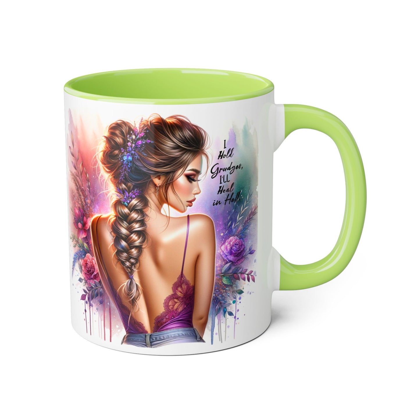 I Hold Grudges, I'll Heal in Hell Artistic Black Accent Mug, Inspirational Coffee Cup, Unique Gift for Her, Flower Design Tea Mug, Stylish Drinkware for Every Occasion
