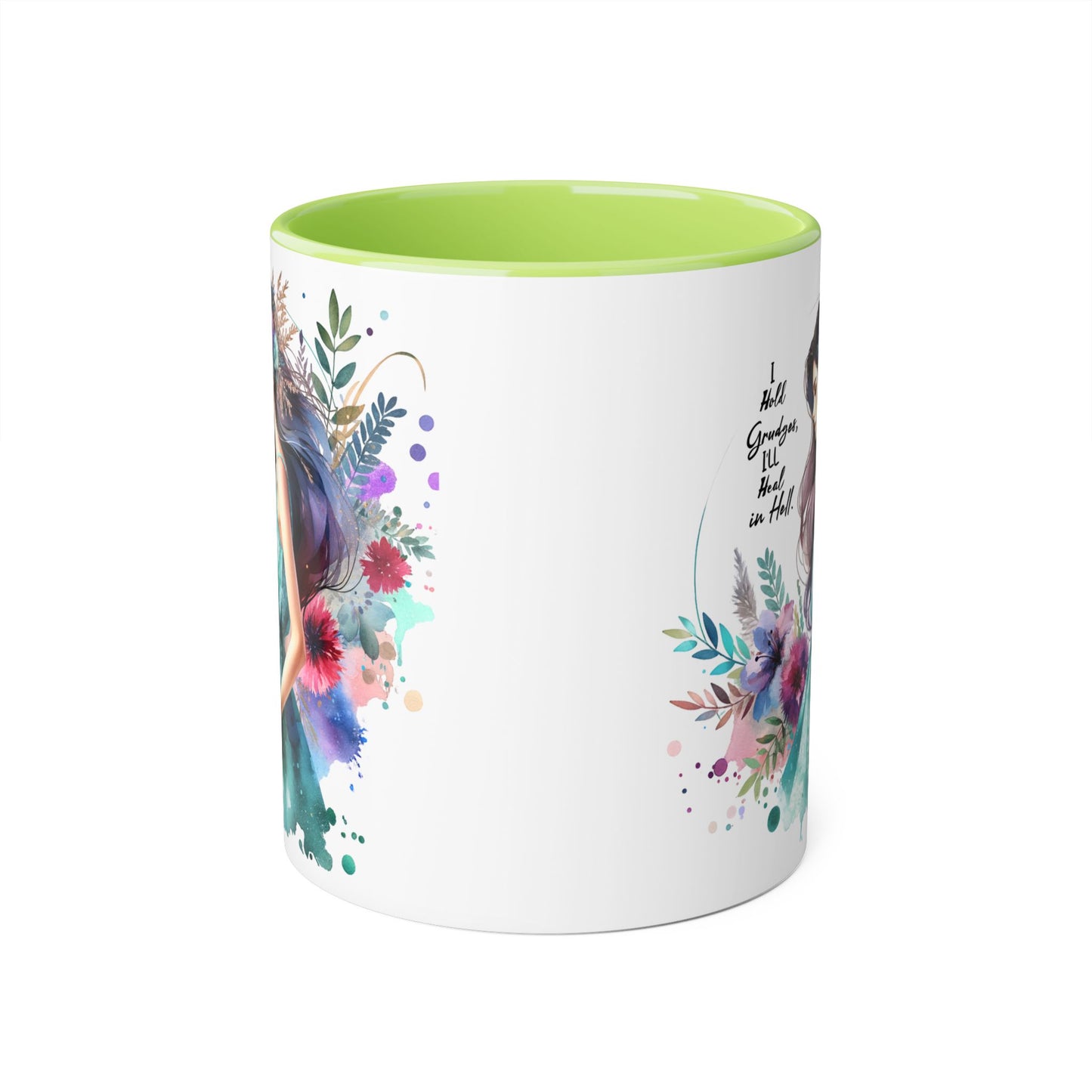 I Hold Grudges, I'll Heal in Hell Humoristic Colorful Accent Mug - Perfect Gift for Grandma, Artistic Coffee Cup, Floral Design Mug, Inspirational Quote Mug, Unique Drinkware