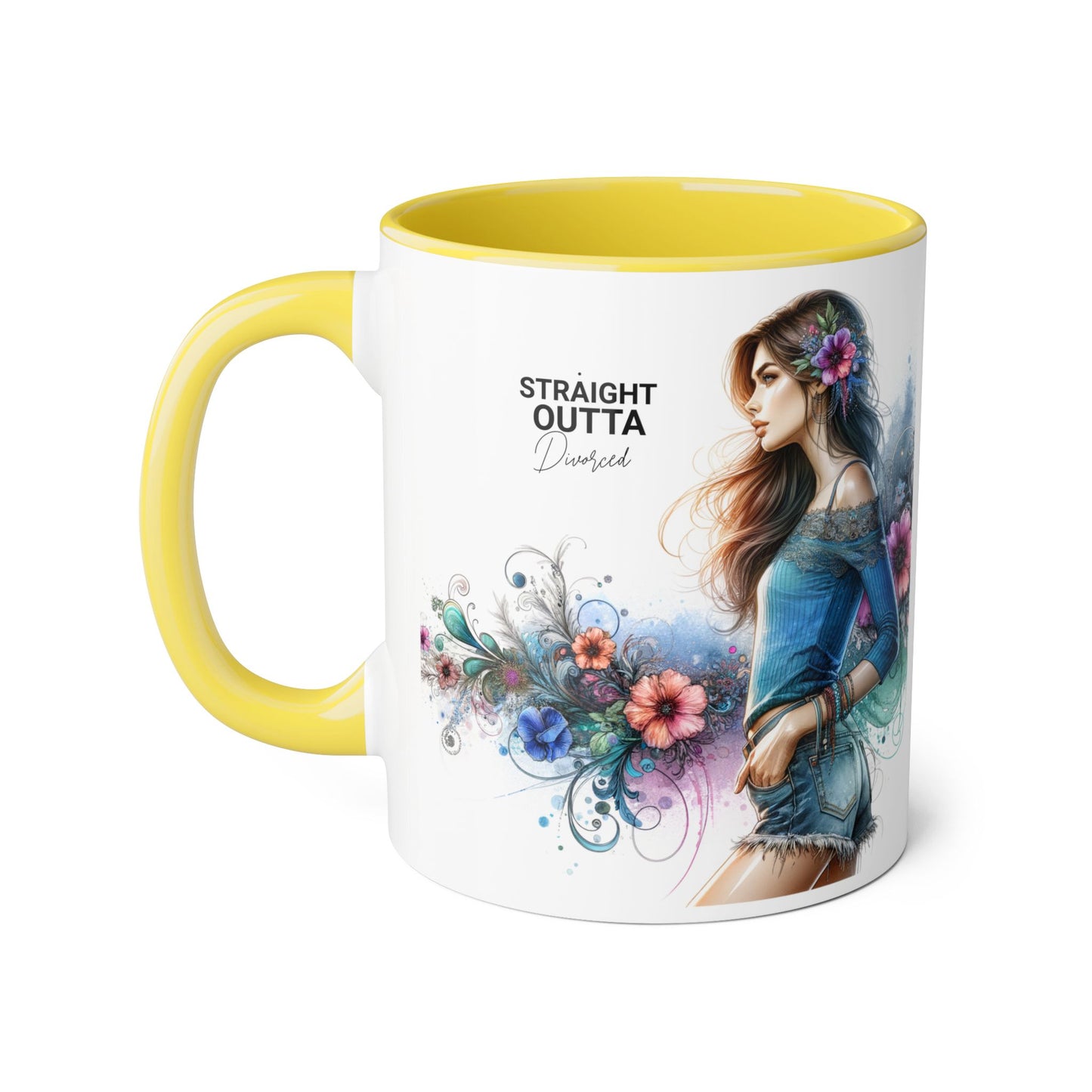 Straight Outta Divorced Humoristic Bohemian Accent Mugs with Floral Art – Trendy Coffee Cup, Gift for Friends, Decor, Home, Birthday, or Celebration