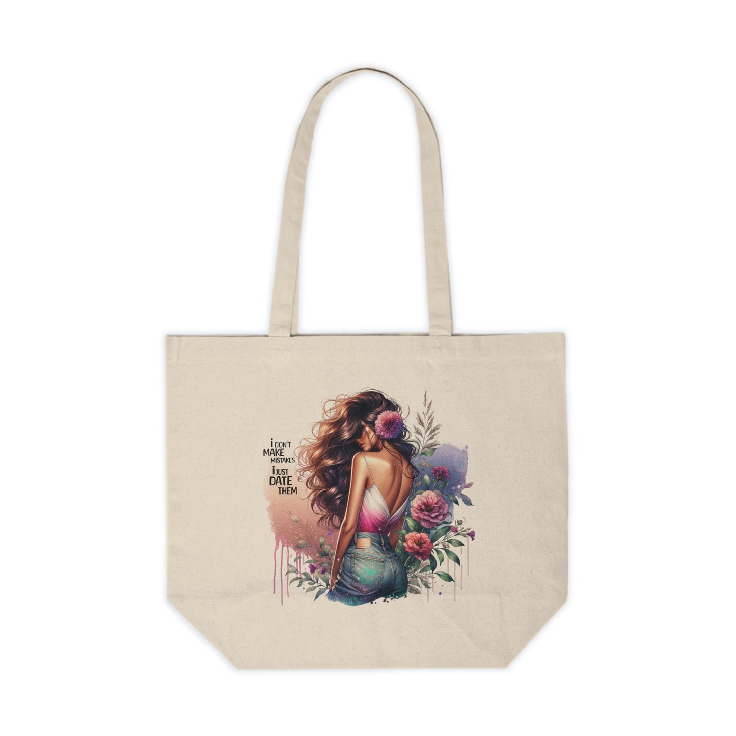 I Don`t Make Mistakes, I Just Date Them Floral Canvas Tote Bag, Inspirational Shopping Bag for Her, Boho Chic Market Tote, Gift for Friends, Eco-Friendly Carry-All