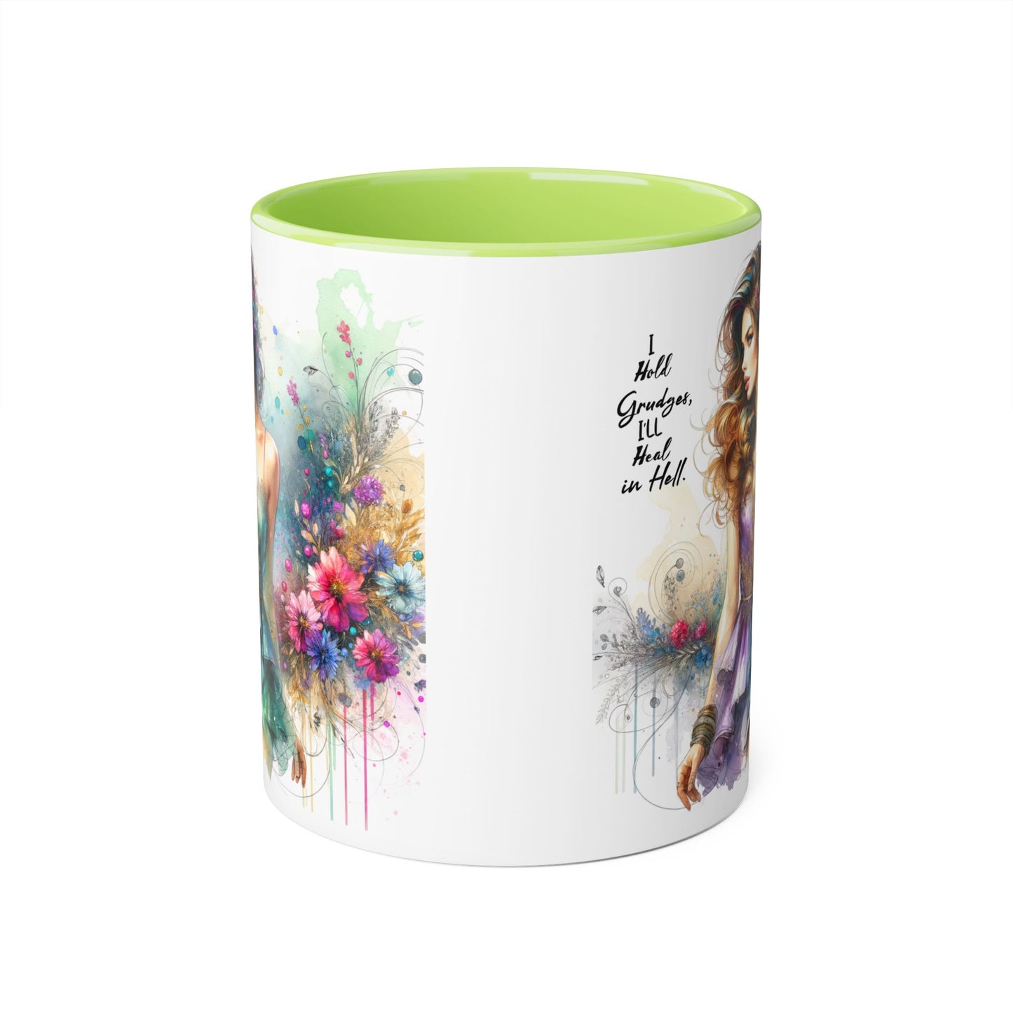 I Hold Grudges, I'll Heal in Hell Artistic Accent Mug, Inspirational Gift for Her, Colorful Flower Design, Unique Coffee Cup, Perfect for Birthdays, Art Lovers' Mug