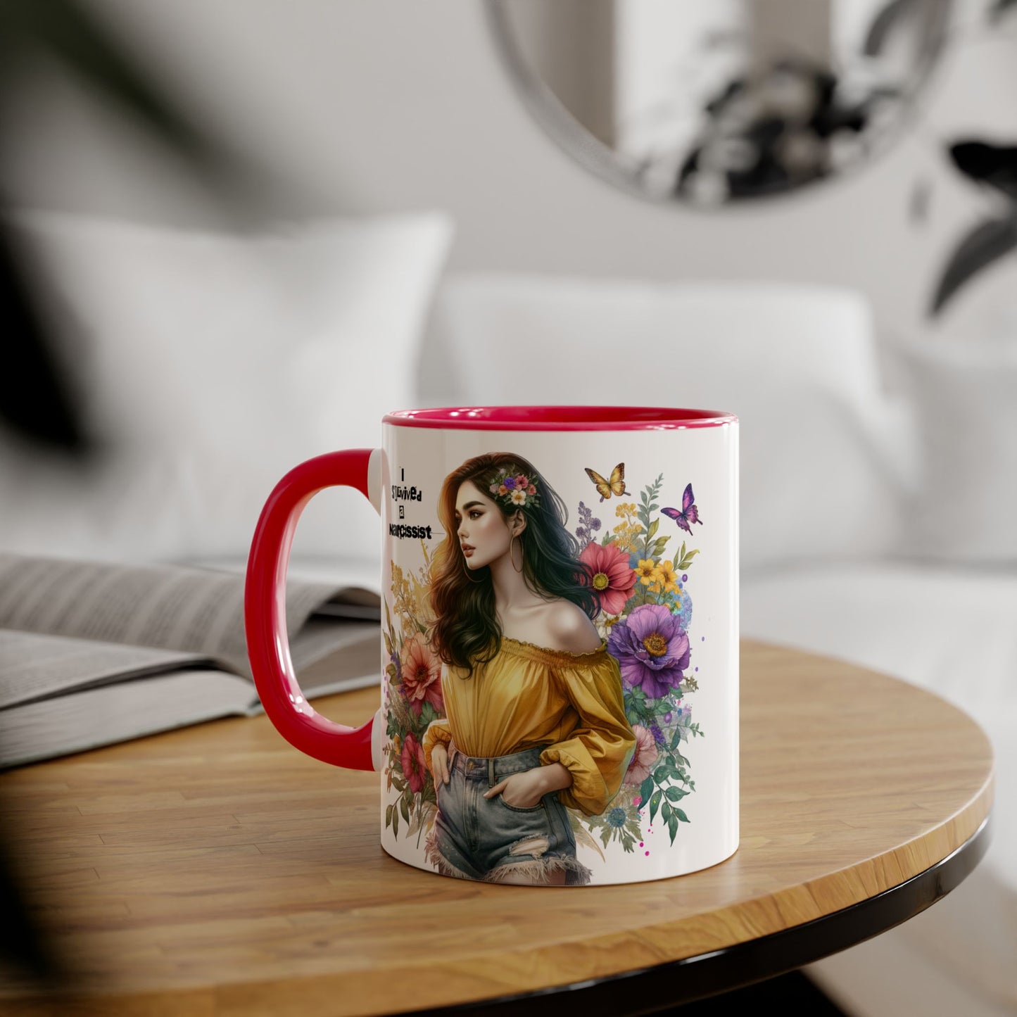 I Survived a Narcissist Chic Floral Accent Mug | Bohemian Coffee Cup, Gift for Her, Narcissist Humor, Home Decor, Artful Drinkware