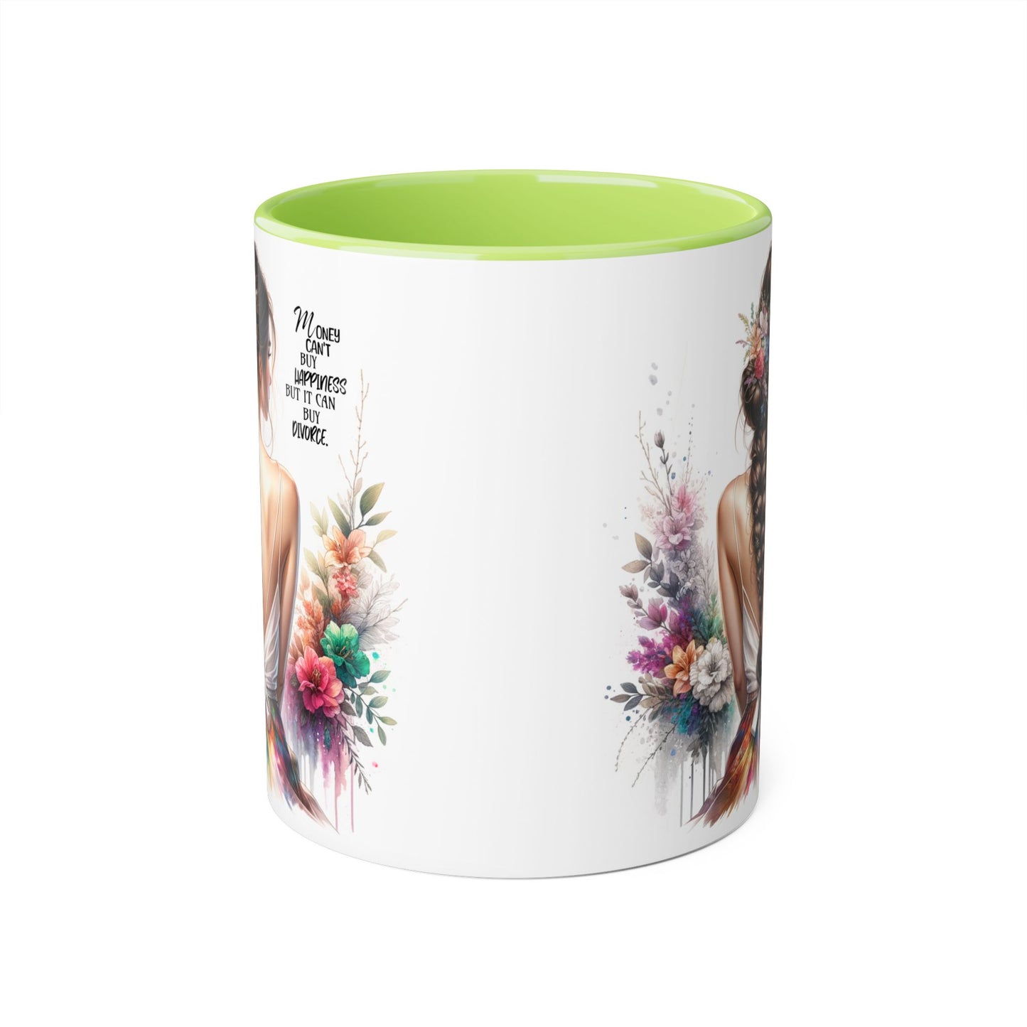 Money Can't Buy Happiness But It Can Buy Divorce Humoristic Inspirational Accent Mug, 11oz Coffee Cup for Women, Gift for Her, Floral Design, Motivational Quote Mug, Birthday Gift