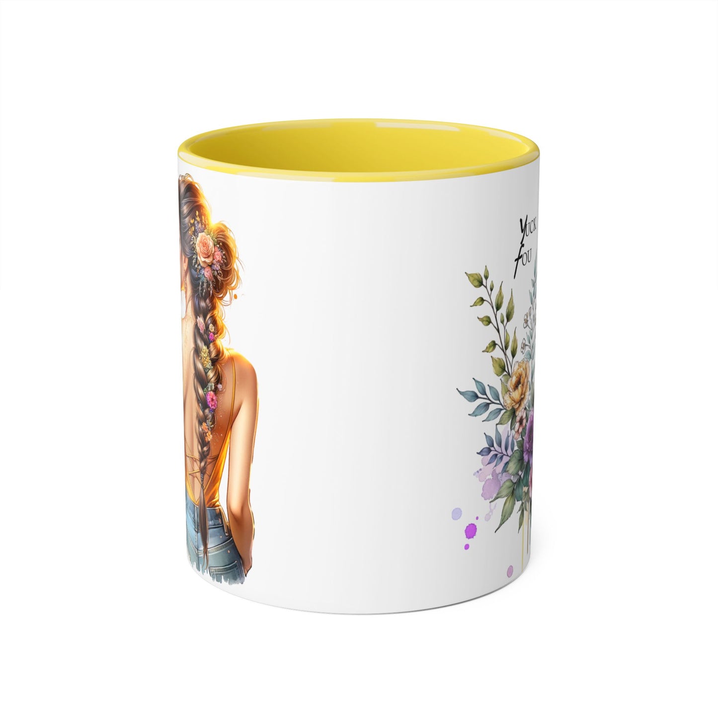 Yuck Fou Stylish Flower Girl Accent Mug, 11oz Coffee Cup, Unique Gift, Home Decor, Floral Mug for Friends, Mothers Day, Inspirational Quotes