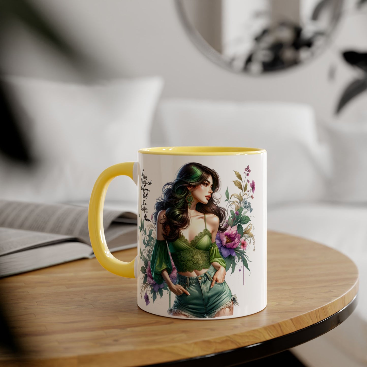 I Was Married Before But I'm Better Now Humoristic Floral Goddess Accent Mug, Inspirational Coffee Cup, Gift for Her, Boho Chic Drinkware, Unique Art Mugs, Home Decor