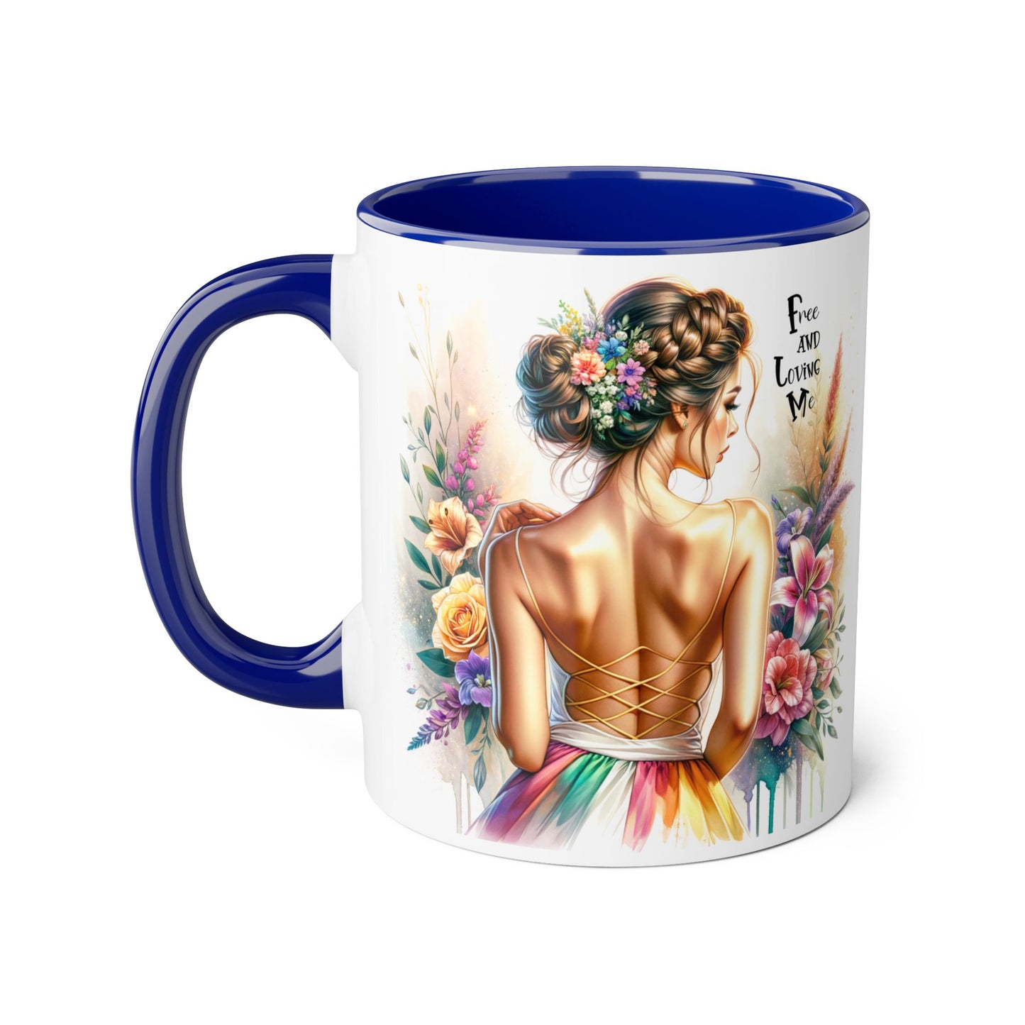 Free and Loving Me Empowering Quote Accent Mug, Inspirational Coffee Mug, Floral Design Mug, Unique Gift for Women, Motivational Drinkware