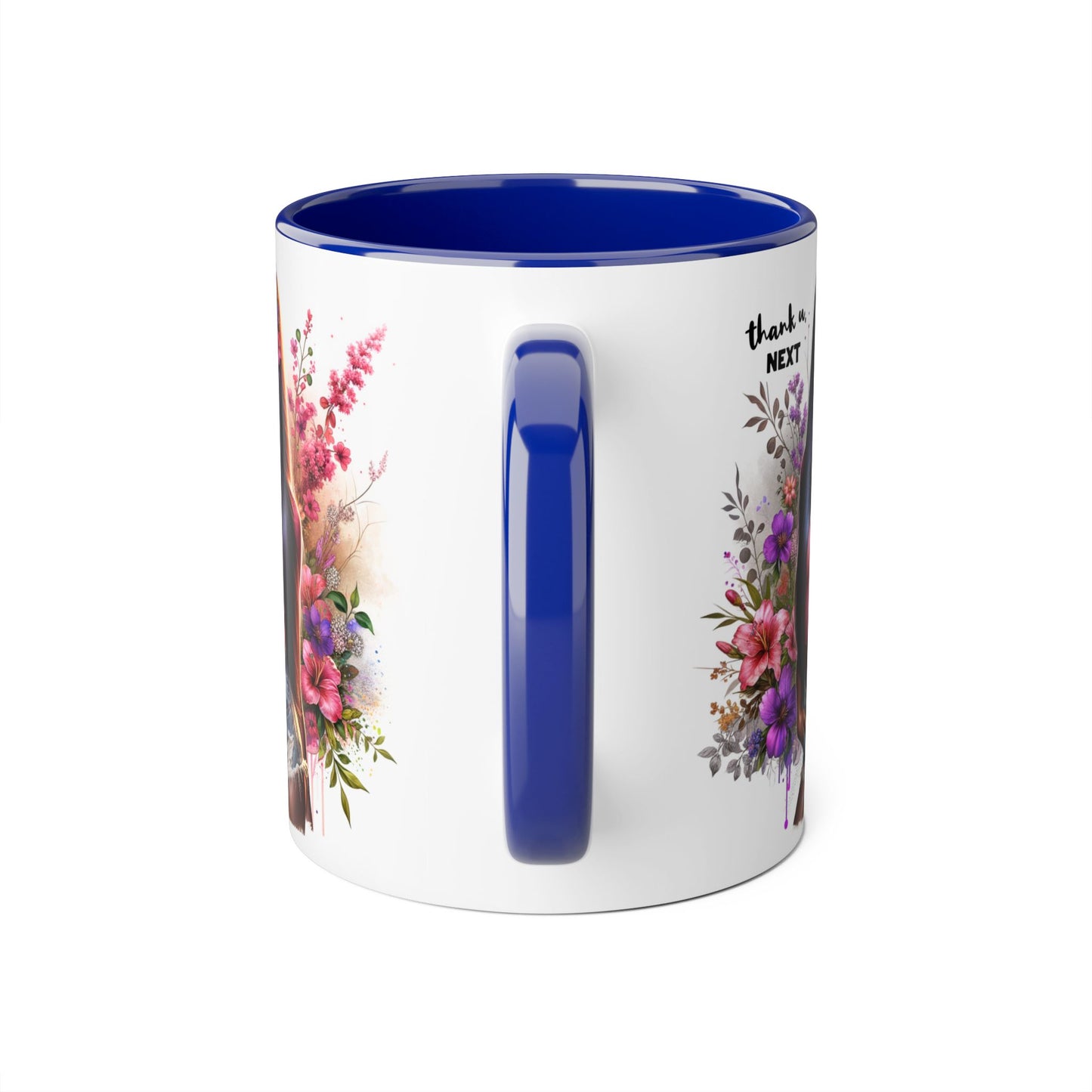 Thank U, Next Floral Accent Mug, Thank U Next Quote, Gift for Her, Coffee Cup, Unique Art, Black Handle Mug
