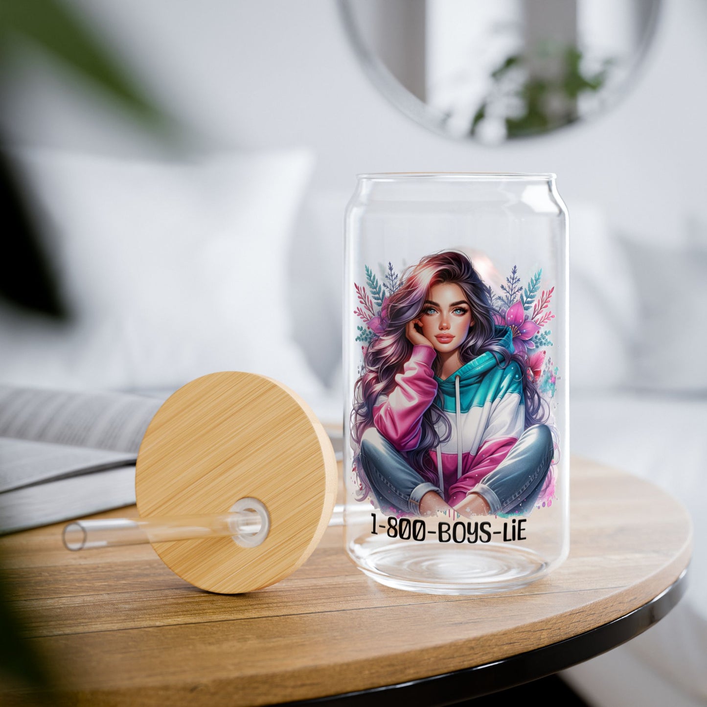 1-800-Boys-Lie Stylish Sipper Glass with Straw, Aesthetic Drinkware for Home, Party, Gifts, Summer Refreshments, Eco-friendly Beverage Container