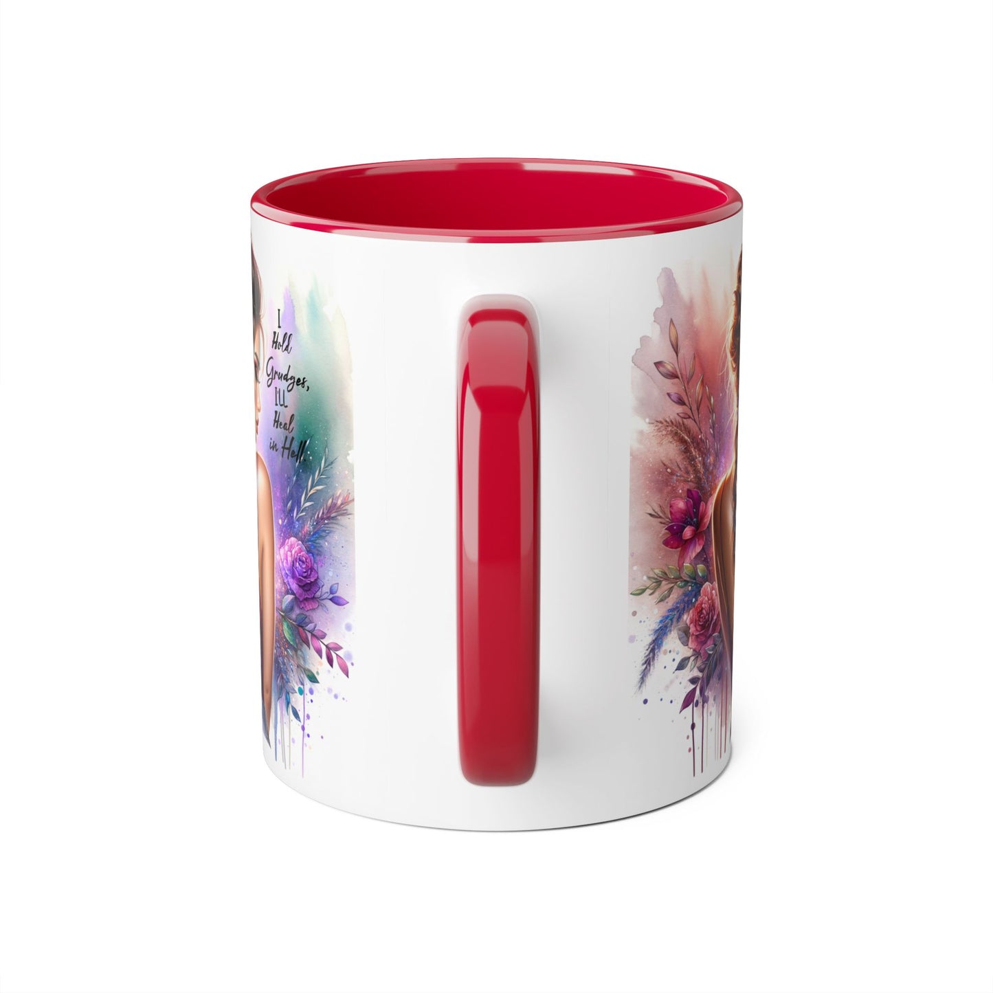 I Hold Grudges, I'll Heal in Hell Artistic Black Accent Mug, Inspirational Coffee Cup, Unique Gift for Her, Flower Design Tea Mug, Stylish Drinkware for Every Occasion