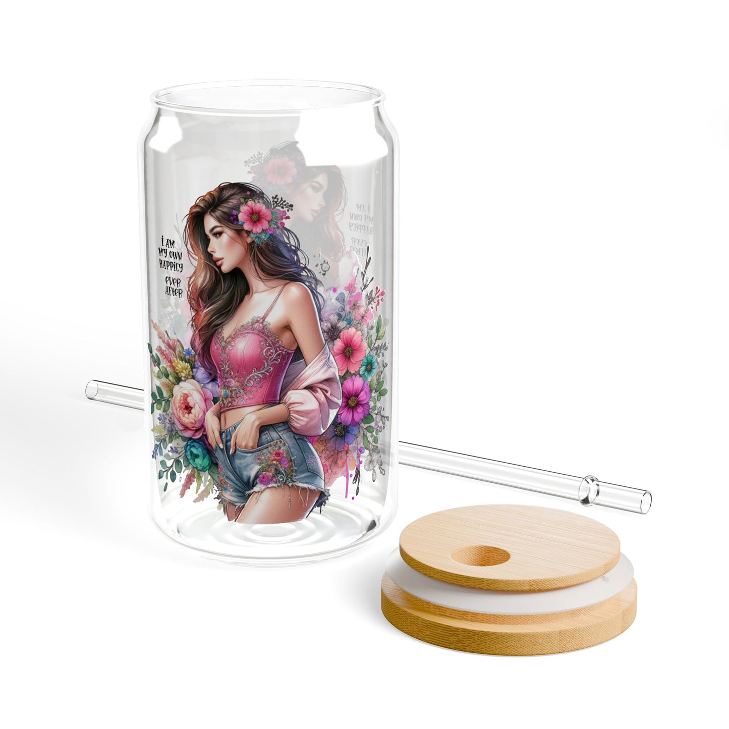 I Am My Own Happily Ever After Floral Art Sipper Glass - 16oz Eco-Friendly Beverage Container with Straw