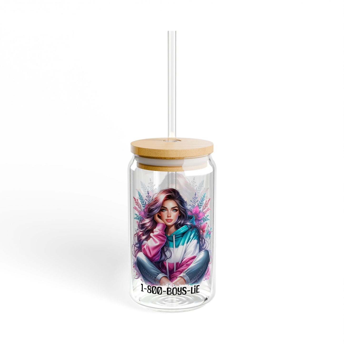 1-800-Boys-Lie Stylish Sipper Glass with Straw, Aesthetic Drinkware for Home, Party, Gifts, Summer Refreshments, Eco-friendly Beverage Container