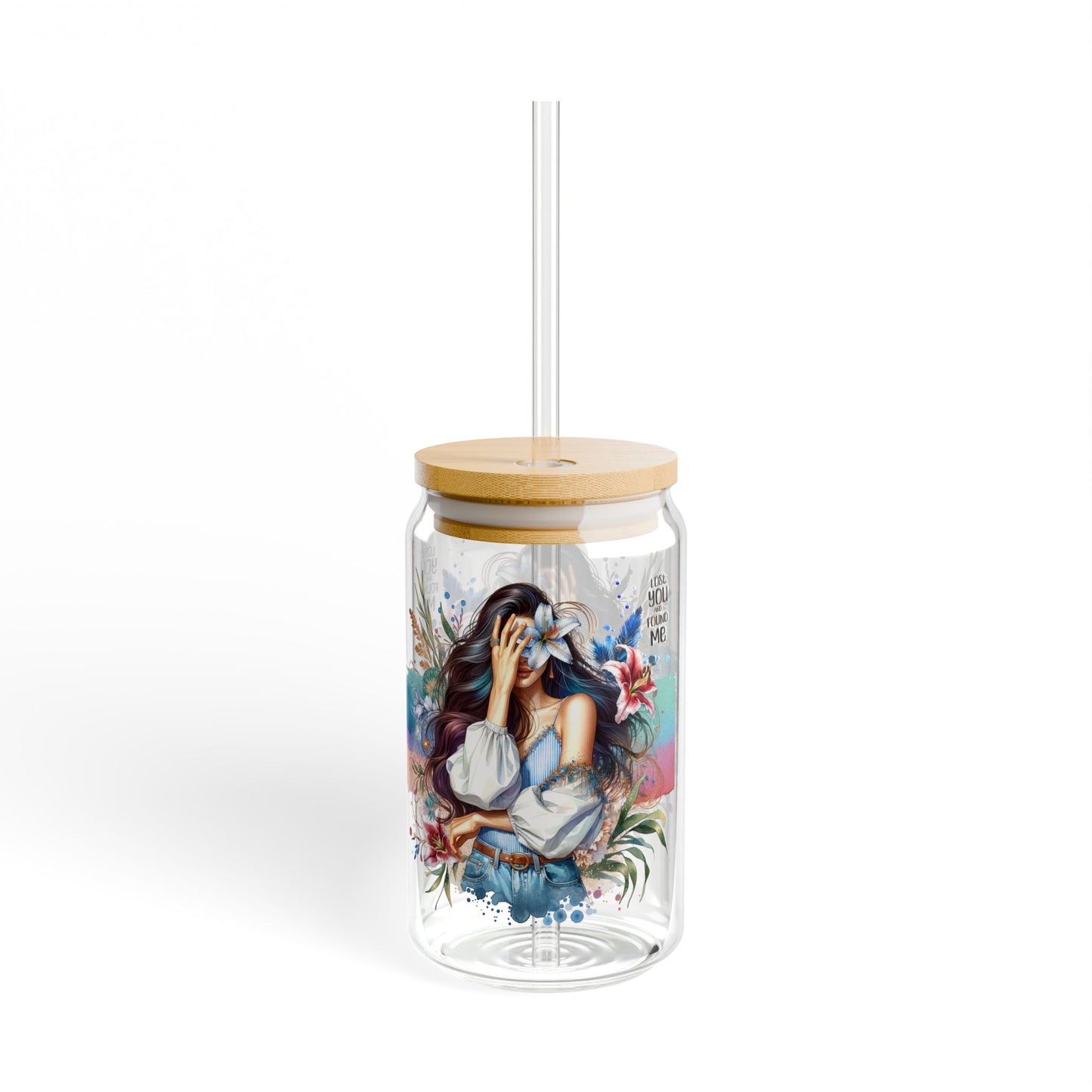 Lost You and Found Me Artistic Sipper Glass, 16oz, Personalized Drinkware, Eco-Friendly Beverage Jar, Unique Gifts, Home Decor, Chic Party Accessory