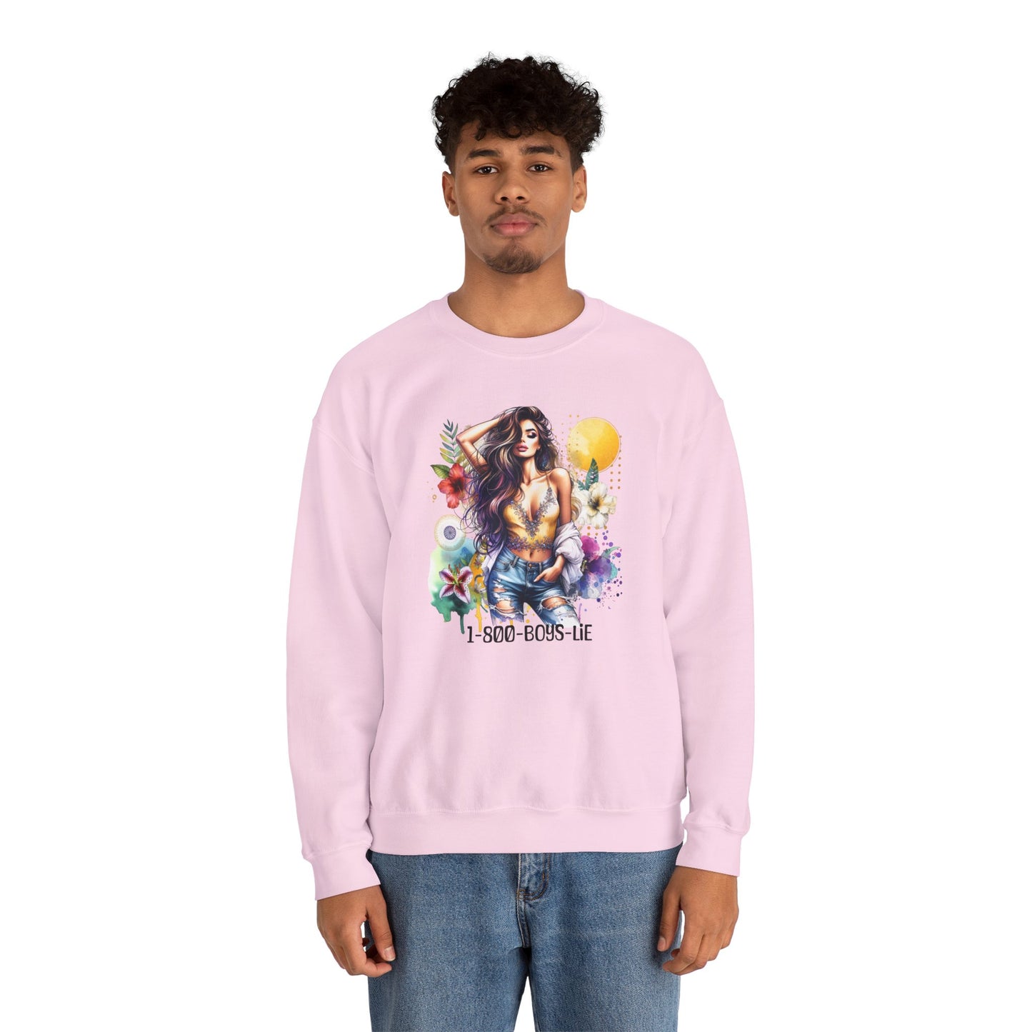 1-800-Boys-Lie Boho Chic Crewneck Sweatshirt with Floral Design, Unisex Gift, Self-Love Apparel, Cozy Casual Wear, Perfect for Relaxation