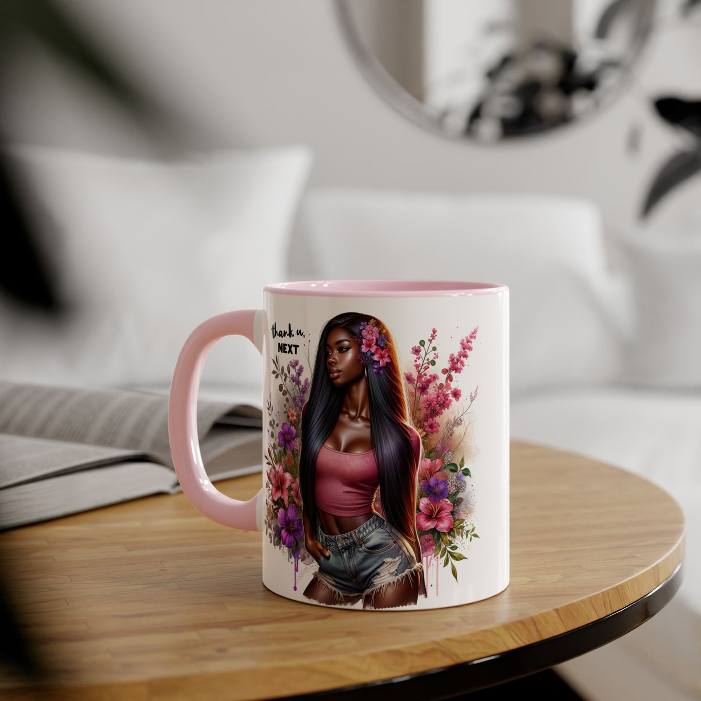 Thank U, Next Floral Accent Mug, Thank U Next Quote, Gift for Her, Coffee Cup, Unique Art, Black Handle Mug