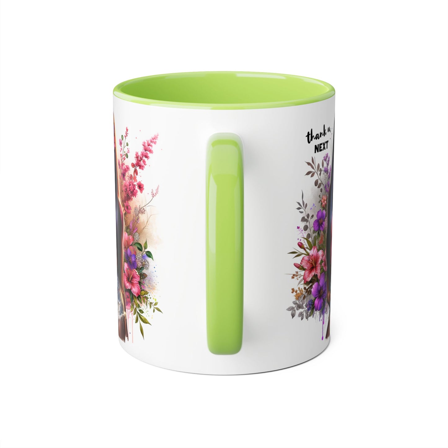 Thank U, Next Floral Accent Mug, Thank U Next Quote, Gift for Her, Coffee Cup, Unique Art, Black Handle Mug