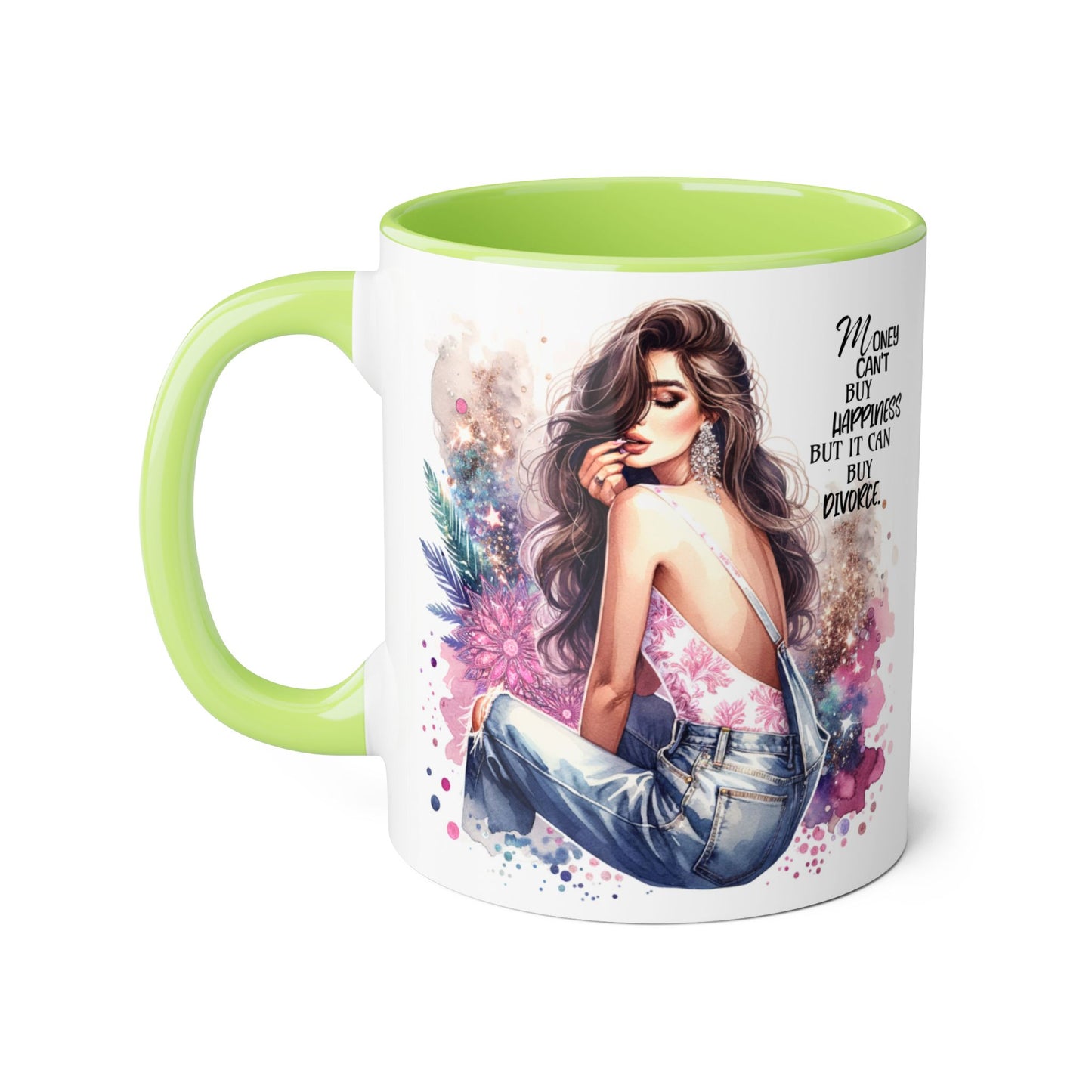 Money Can't Buy Happiness But It Can Buy Divorce Humoristic Artistic Inspirational Mug, Stylish Coffee Cup for Motivation, Unique Gift for Friends, Home Décor, Floral Design