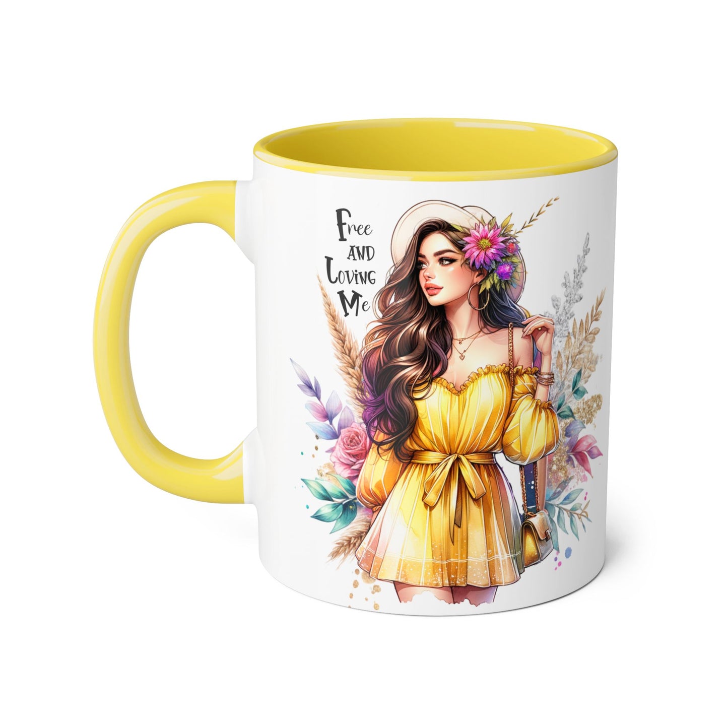 Free and Loving Me Bold Boho Accent Mug, Artistic Coffee Cup, Unique Gift for Women, Inspirational Kitchenware, Floral Design, Birthday Mug