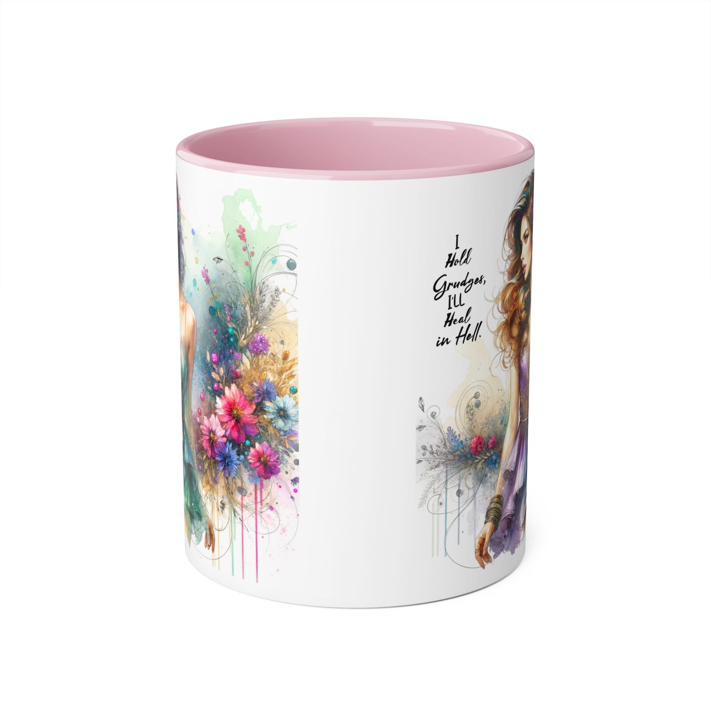 I Hold Grudges, I'll Heal in Hell Artistic Accent Mug, Inspirational Gift for Her, Colorful Flower Design, Unique Coffee Cup, Perfect for Birthdays, Art Lovers' Mug