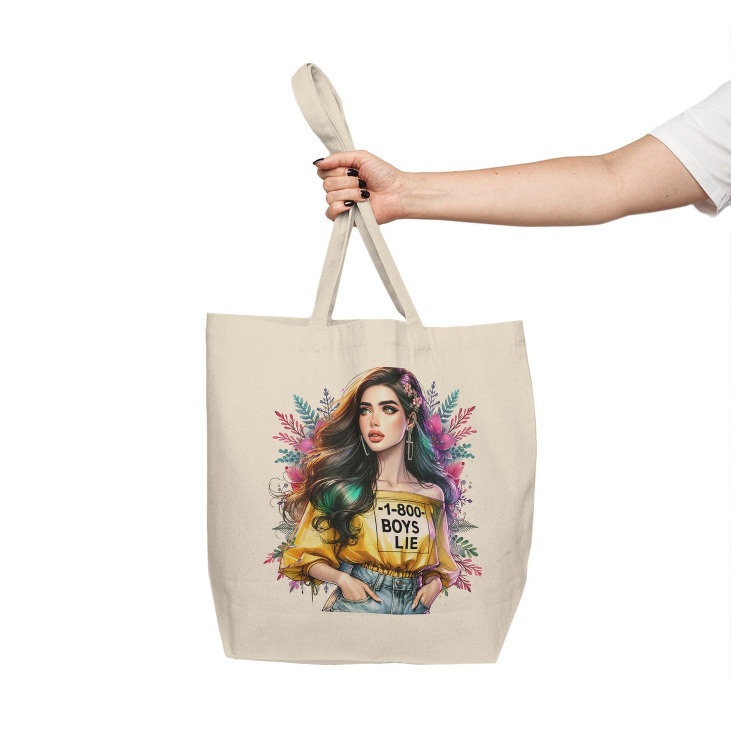 1-800-Boys-Lie Colorful Illustrated Canvas Tote Bag, Eco-Friendly Grocery Bag, Gift for Her, Stylish Beach Bag, Fun Shopping Tote