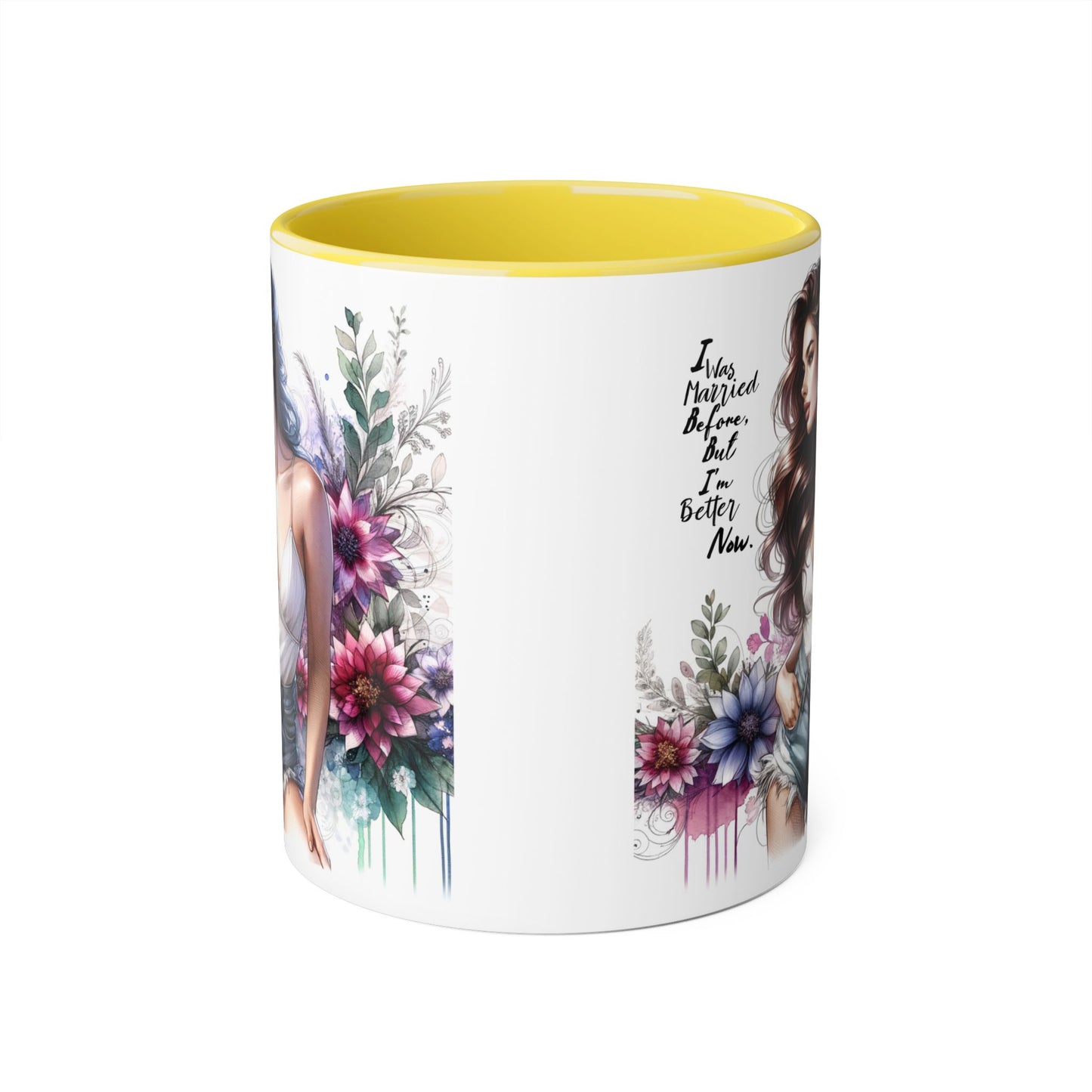 I Was Married Before But I'm Better Now Humoristic Elegant Floral Accent Mug - Inspirational Quote Coffee Cup, Gift for Her, Home Office Decor, Self-Care, Birthday Present