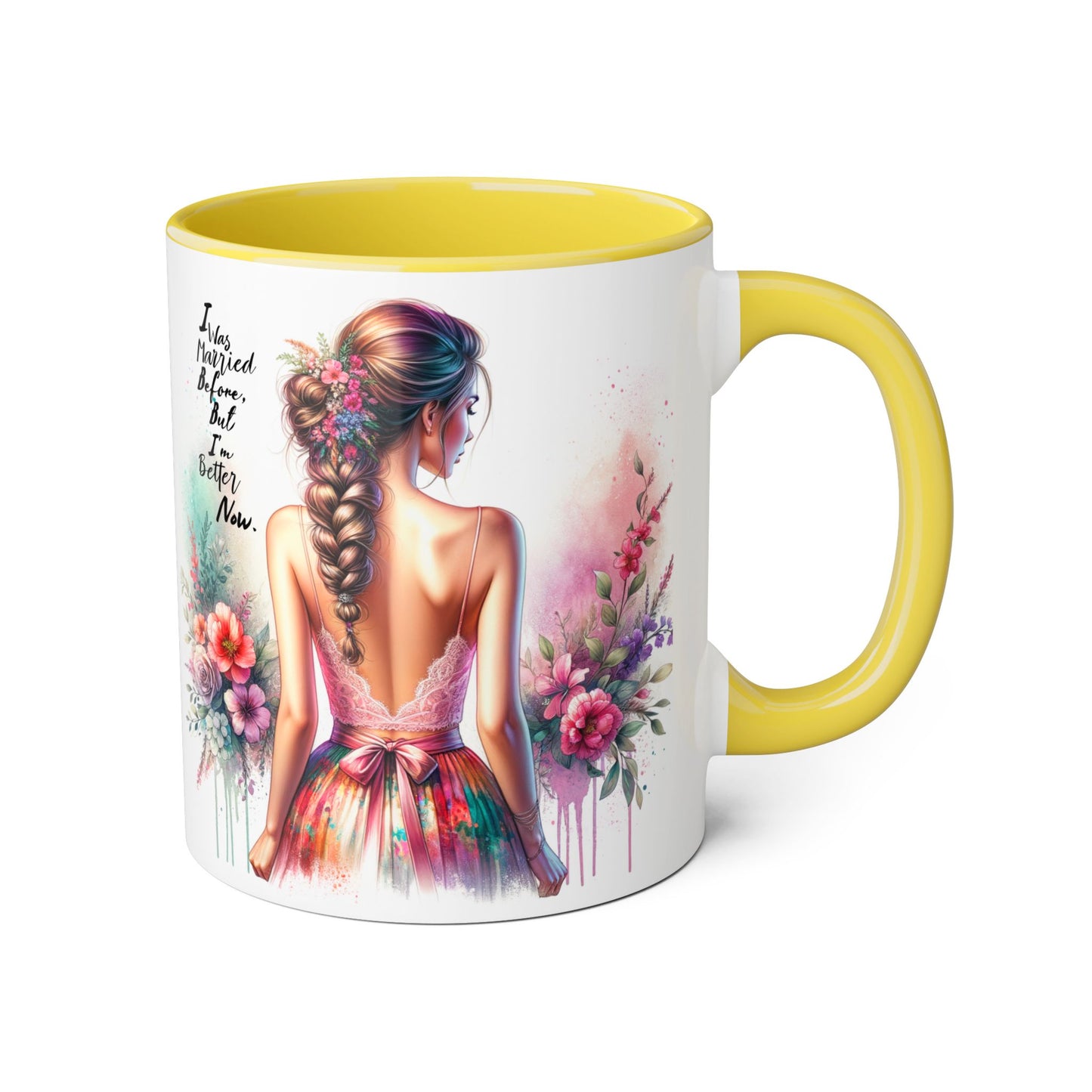 I Was Married Before But I'm Better Now Humoristic Floral Art Accent Mug, Inspirational Coffee Cup, Gift for Her, Boho Decor, Tea Lover's Delight