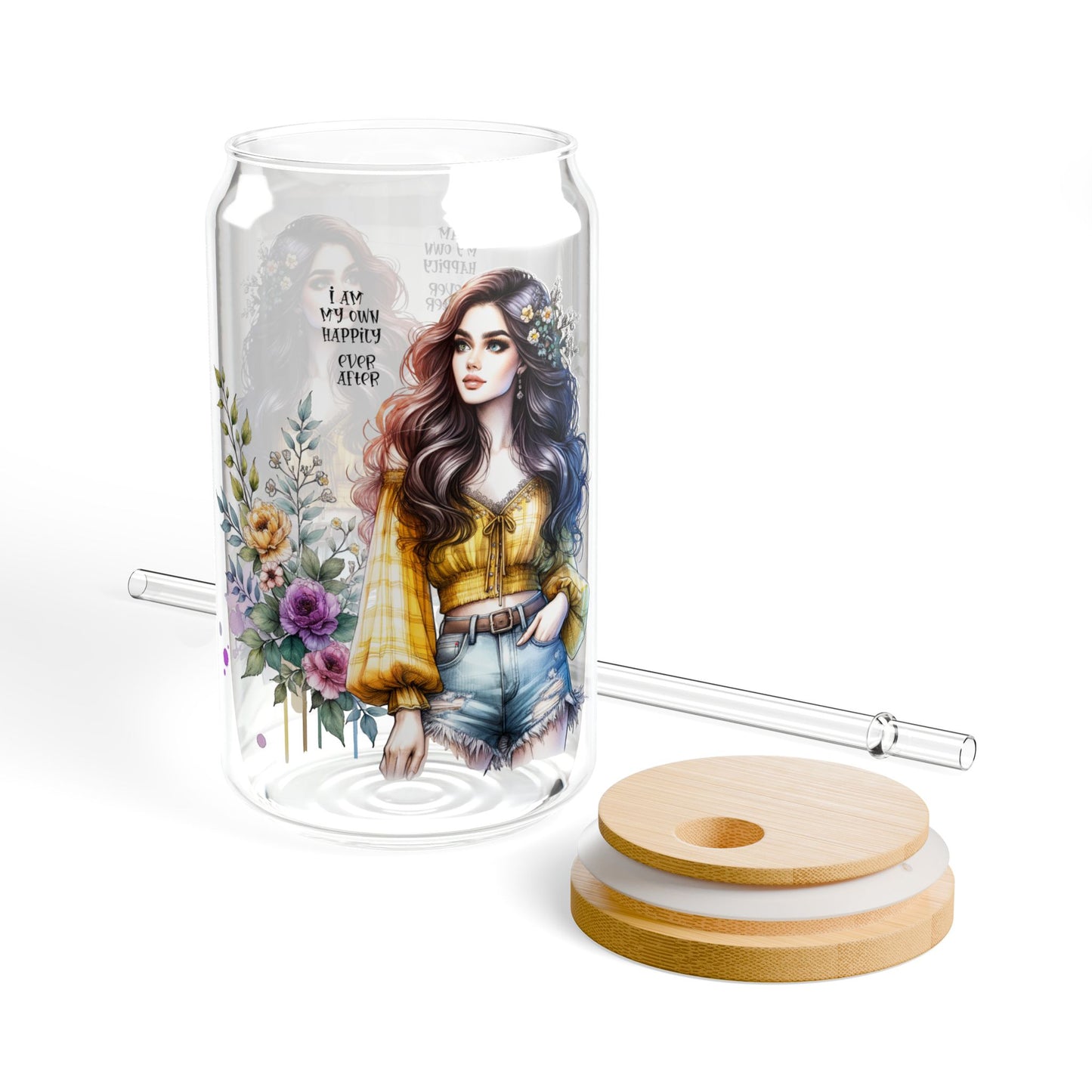 I Am My Own Happily Ever After Stylish Sipper Glass, 16oz - Floral Artwork, Summer Vibes, Eco-Friendly Drinkware, Gift for Her, Party Accessory
