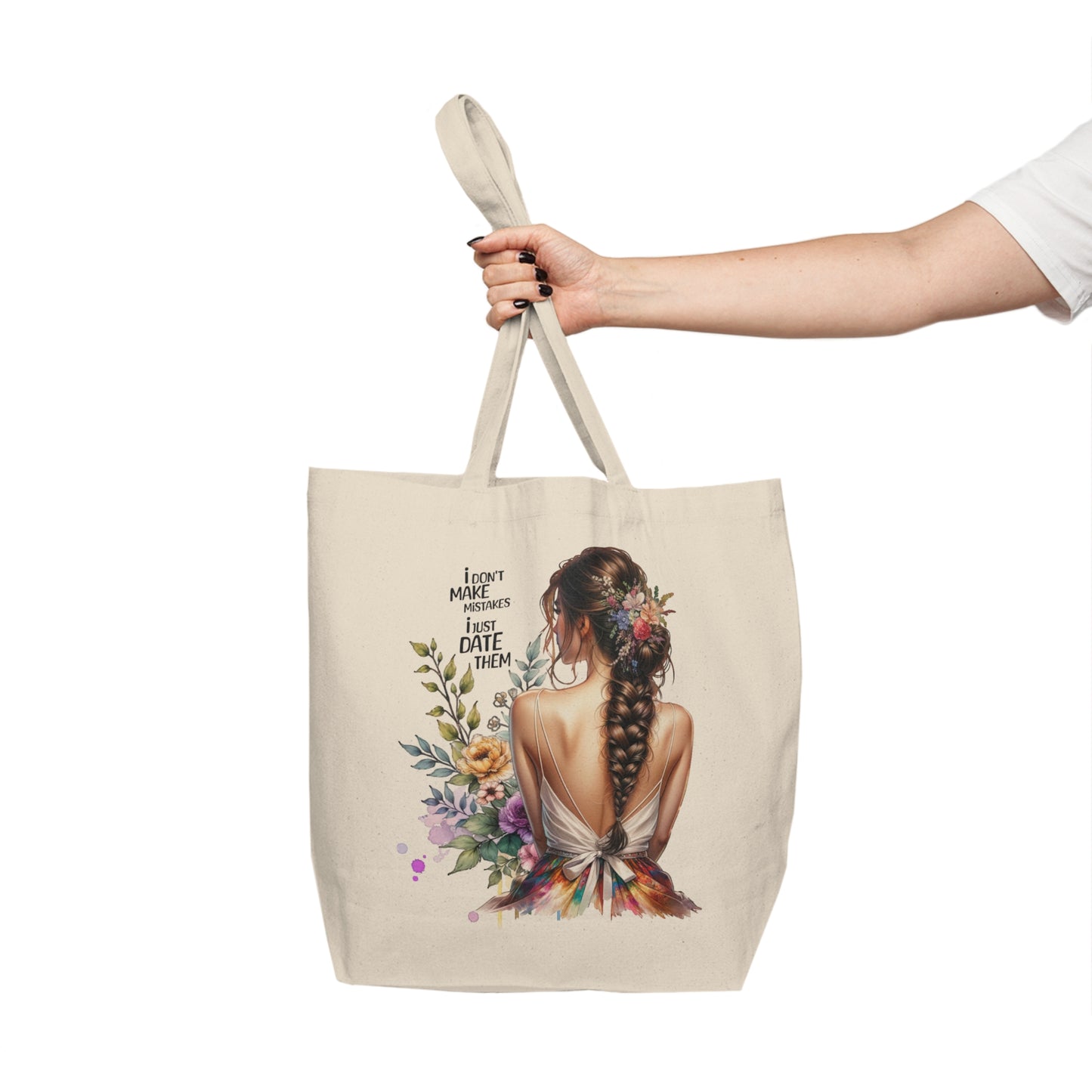 I Don`t Make Mistakes, I Just Date Them Bohemian Floral Canvas Tote Bag, Eco-friendly Shopping Bag, Gift for Her, Beach or Grocery Tote, Unique Art Tote