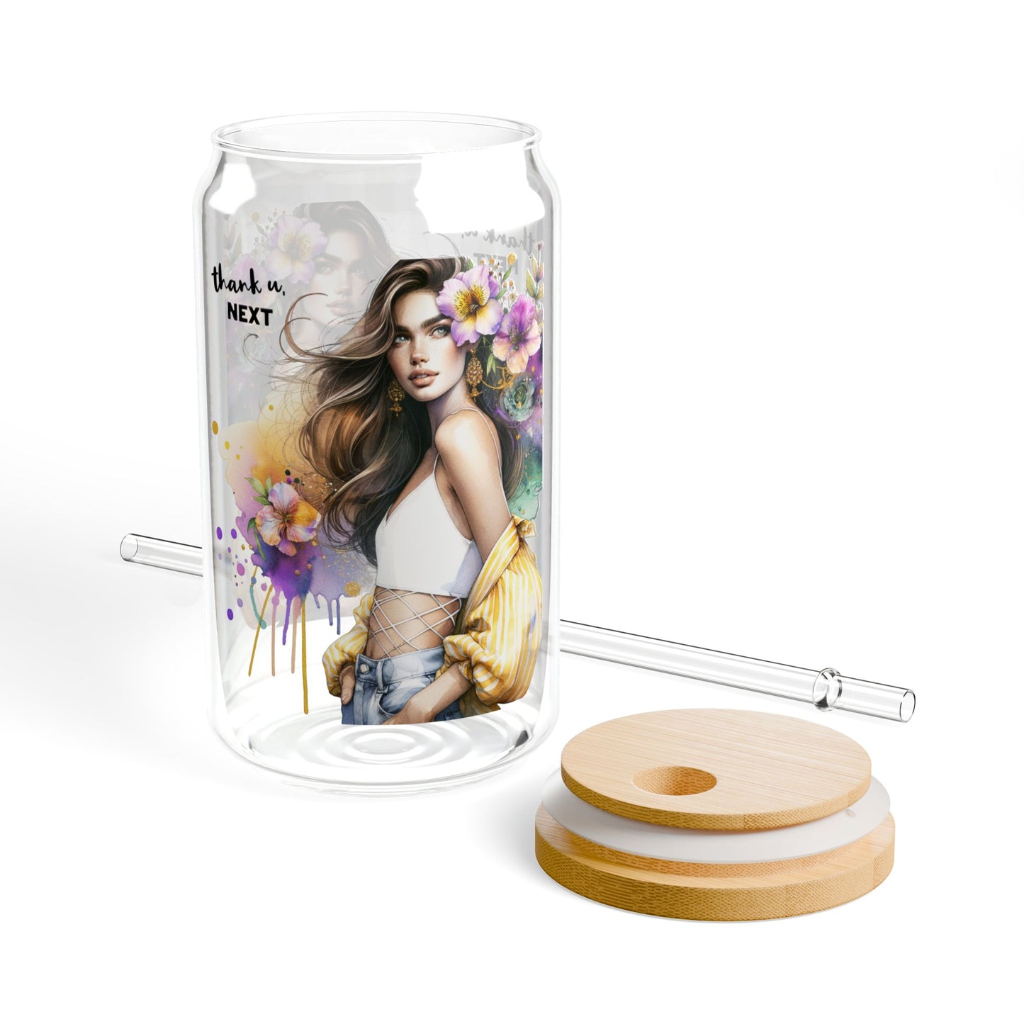 Thank U, Next Floral Sipper Glass, 16oz - Stylish Reusable Drink Container, Eco-Friendly Artisan Design for Parties, Gifts, Home, or Travel