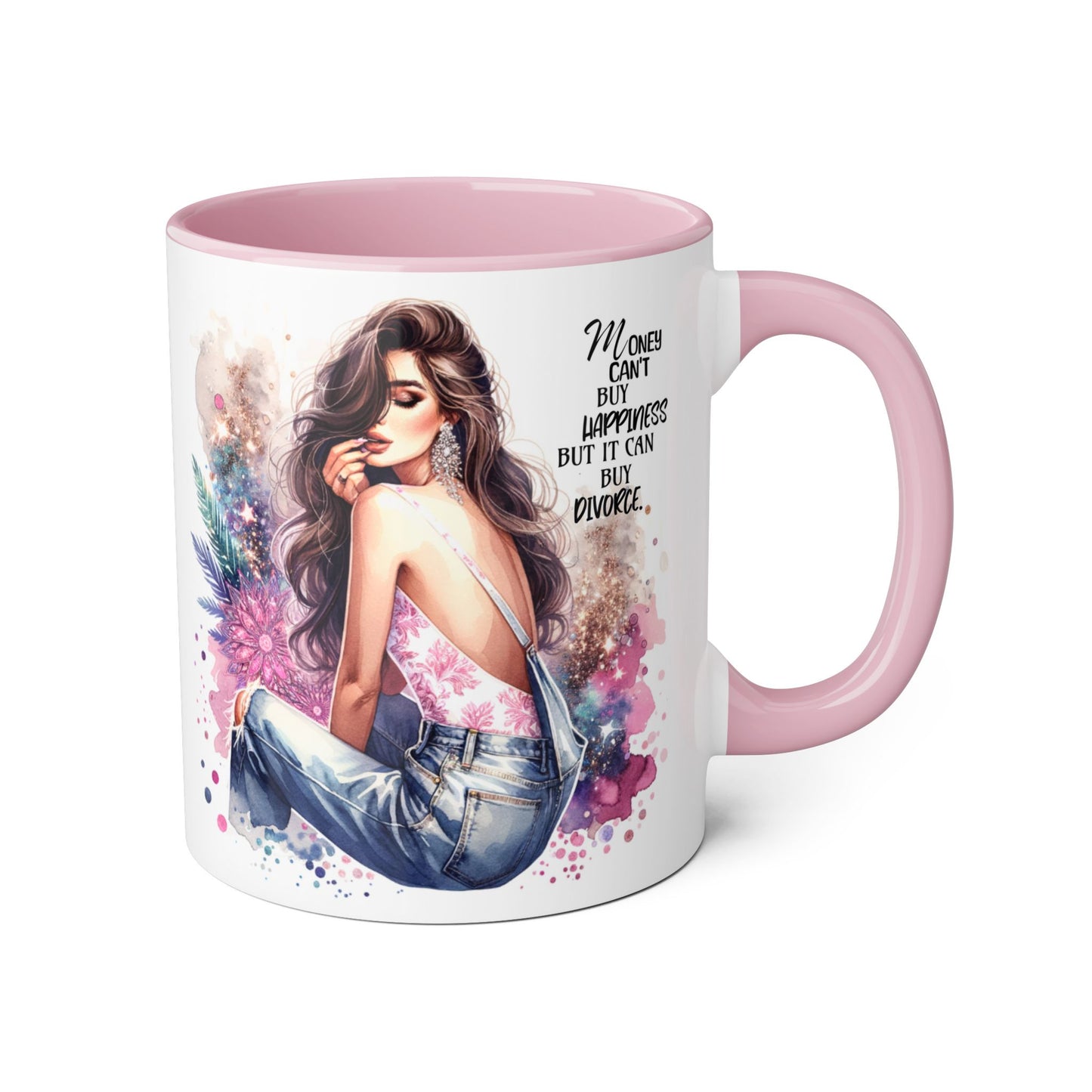 Money Can't Buy Happiness But It Can Buy Divorce Humoristic Artistic Inspirational Mug, Stylish Coffee Cup for Motivation, Unique Gift for Friends, Home Décor, Floral Design