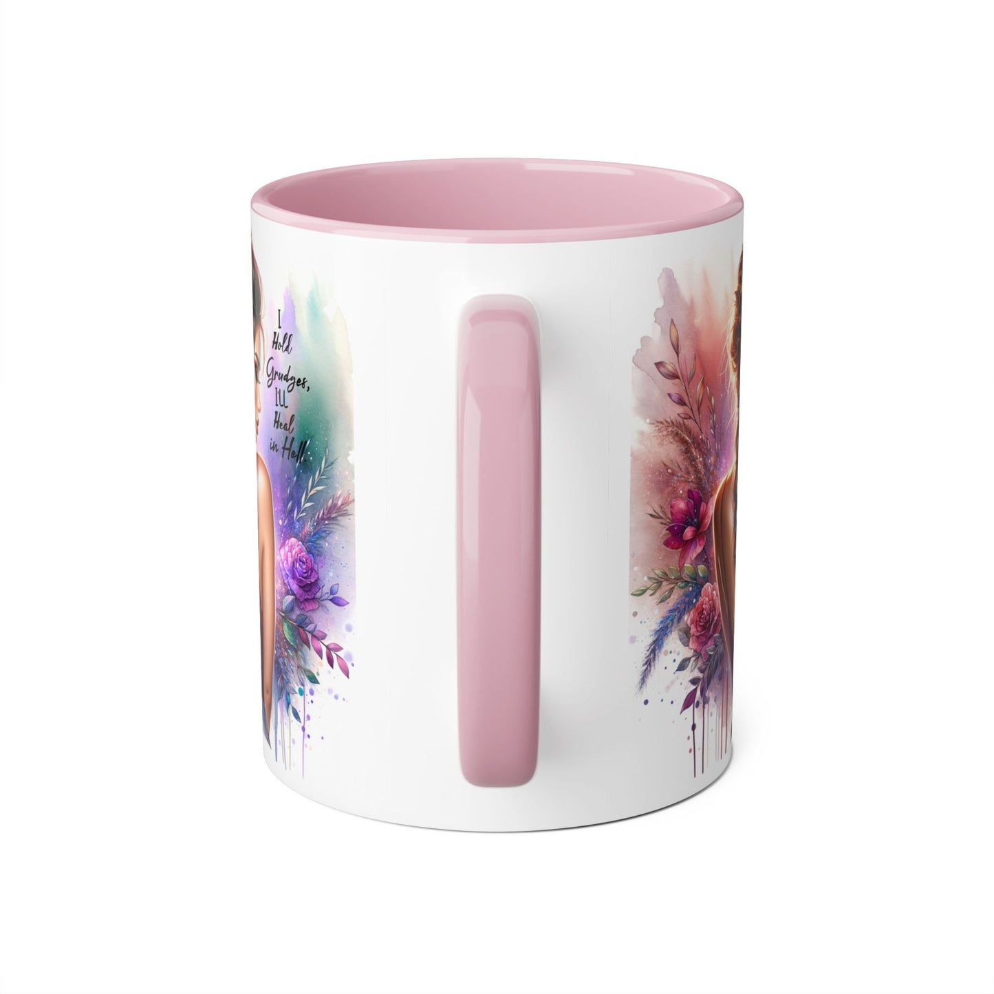 I Hold Grudges, I'll Heal in Hell Artistic Black Accent Mug, Inspirational Coffee Cup, Unique Gift for Her, Flower Design Tea Mug, Stylish Drinkware for Every Occasion