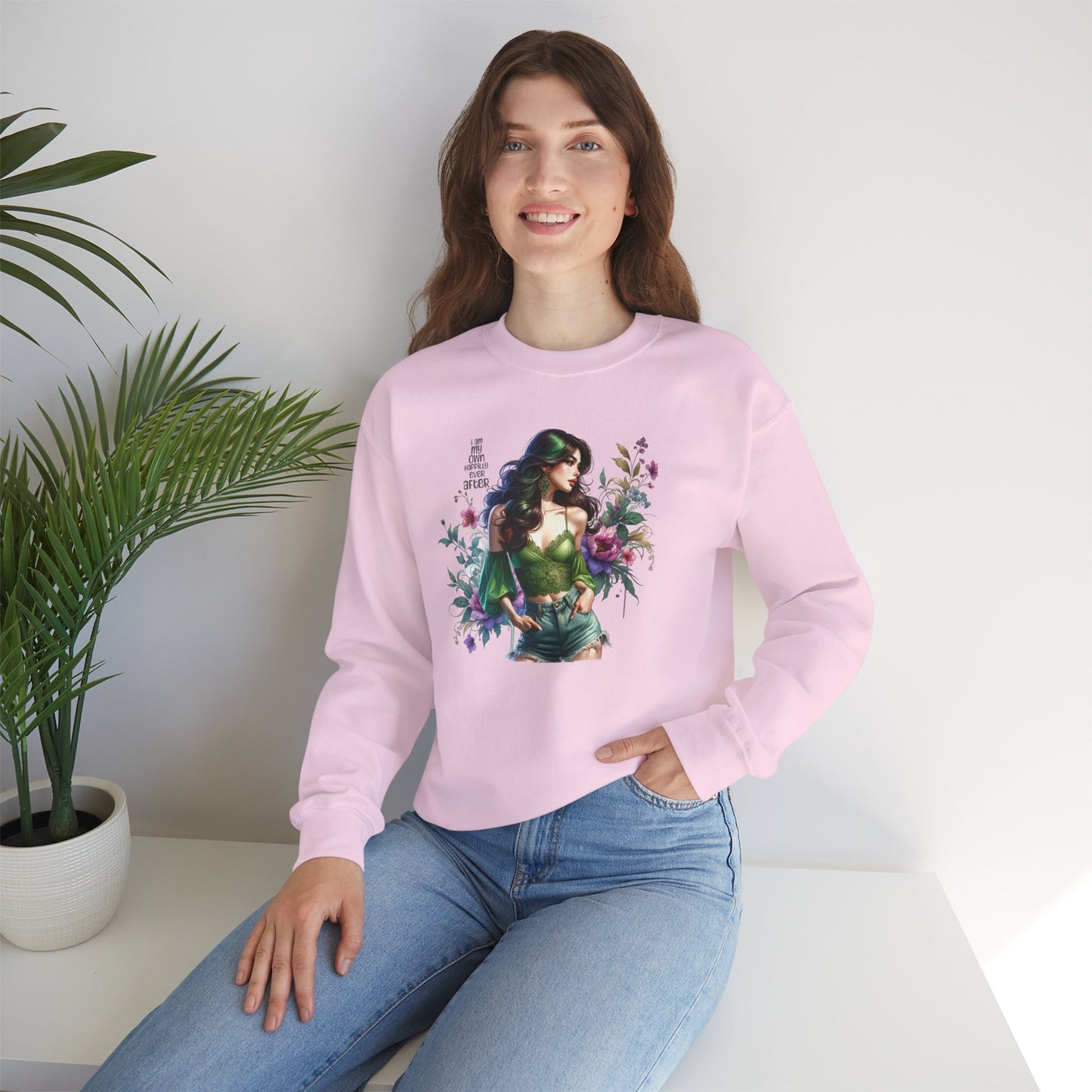 I Am My Own Happily Ever After Heroine Floral Sweatshirt | Unisex Cozy Crewneck, Gift for Her, Vintage Style, Plant Lover's Apparel, Superhero Inspired