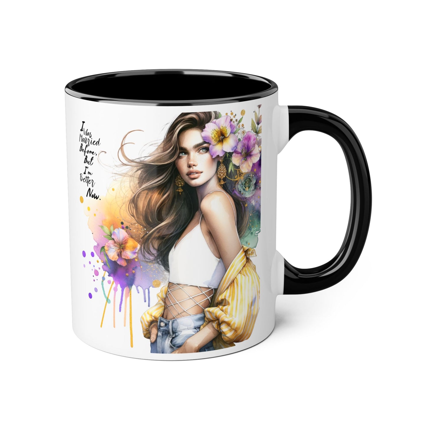 I Was Married Before But I'm Better Now Humoristic Artistic Accent Mug, Coffee Cup for Inspiration, Floral Design, Gift for Friends, Birthday, Home Decor, Motivational Drinkware