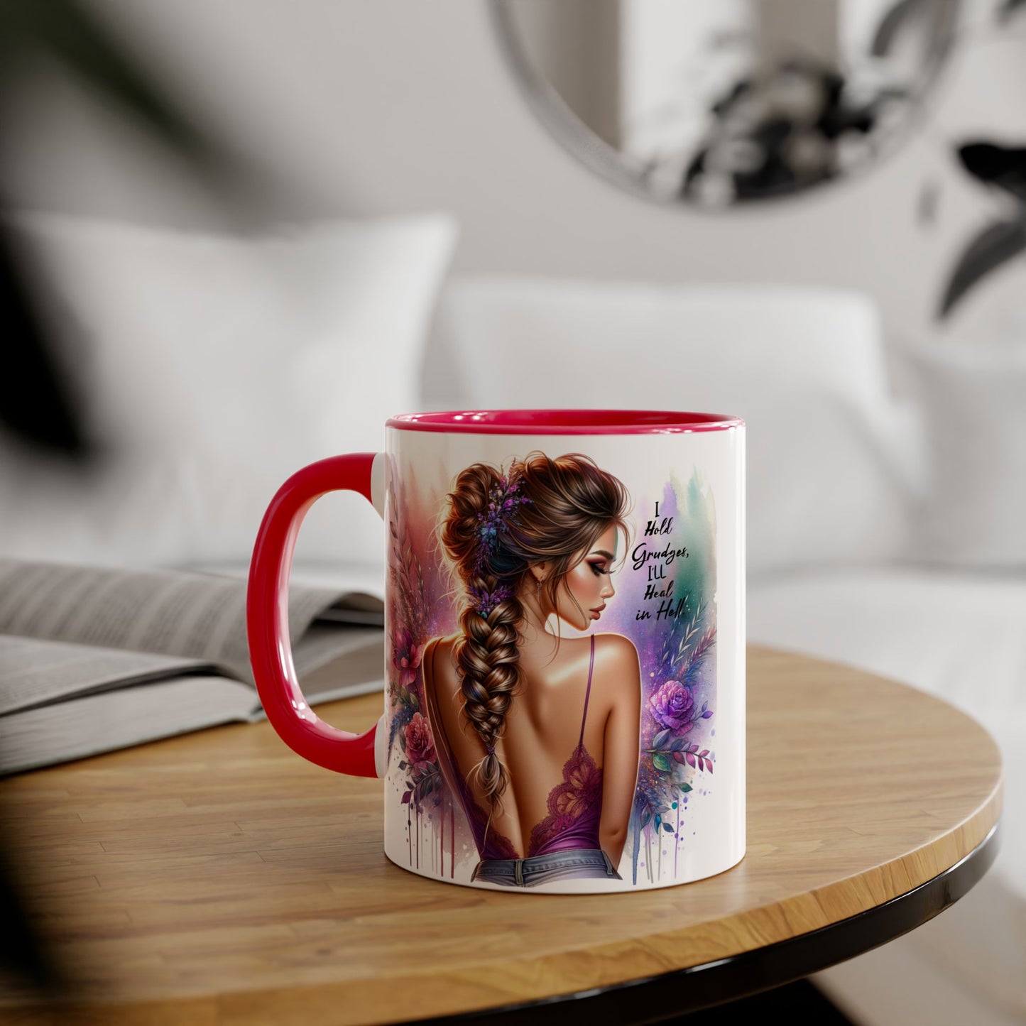 I Hold Grudges, I'll Heal in Hell Artistic Black Accent Mug, Inspirational Coffee Cup, Unique Gift for Her, Flower Design Tea Mug, Stylish Drinkware for Every Occasion