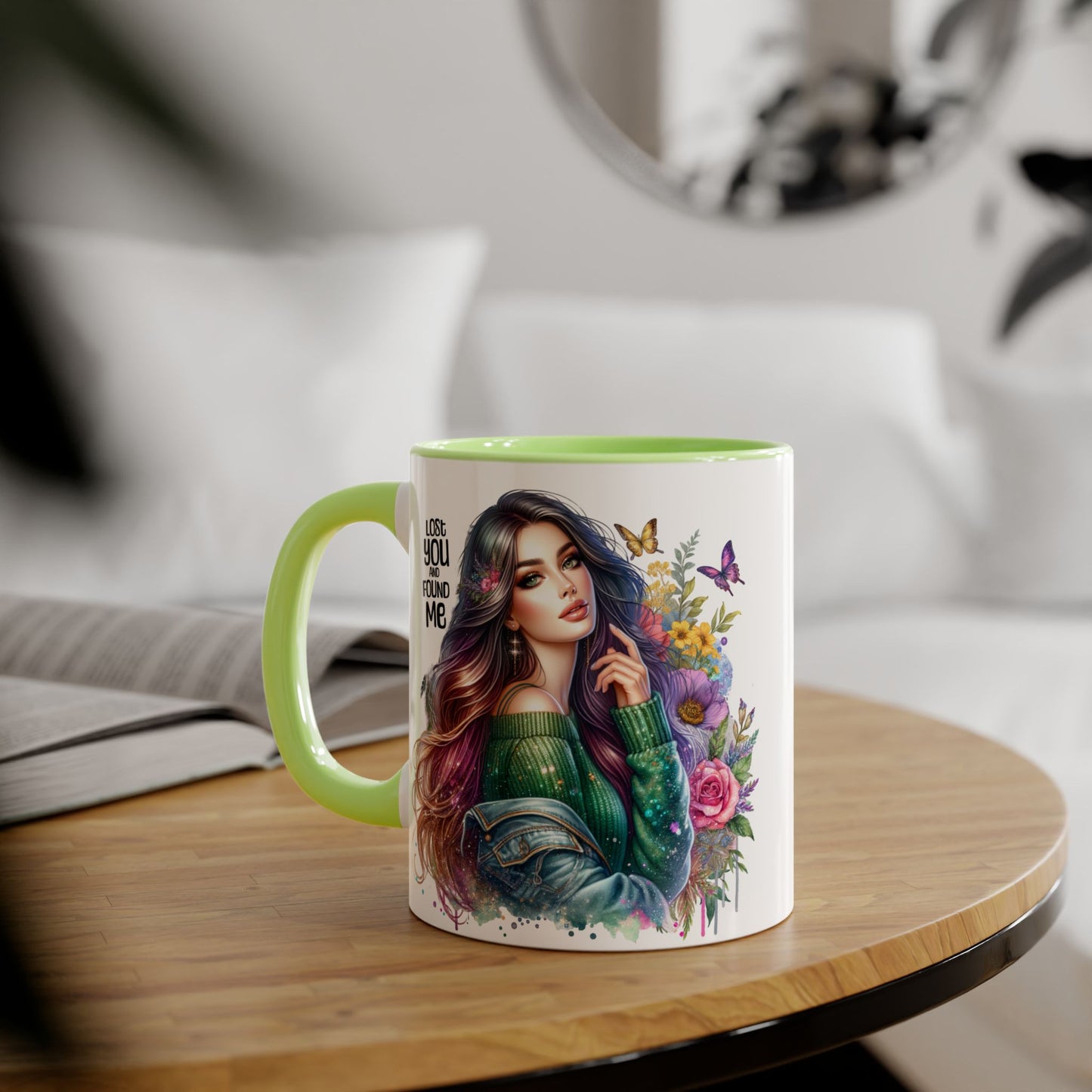 Colorful Accent Mug - "Lose You and Found Me" Design for Coffee Lovers, Unique Gift for Her, Floral Art Mug, Inspirational Drinkware
