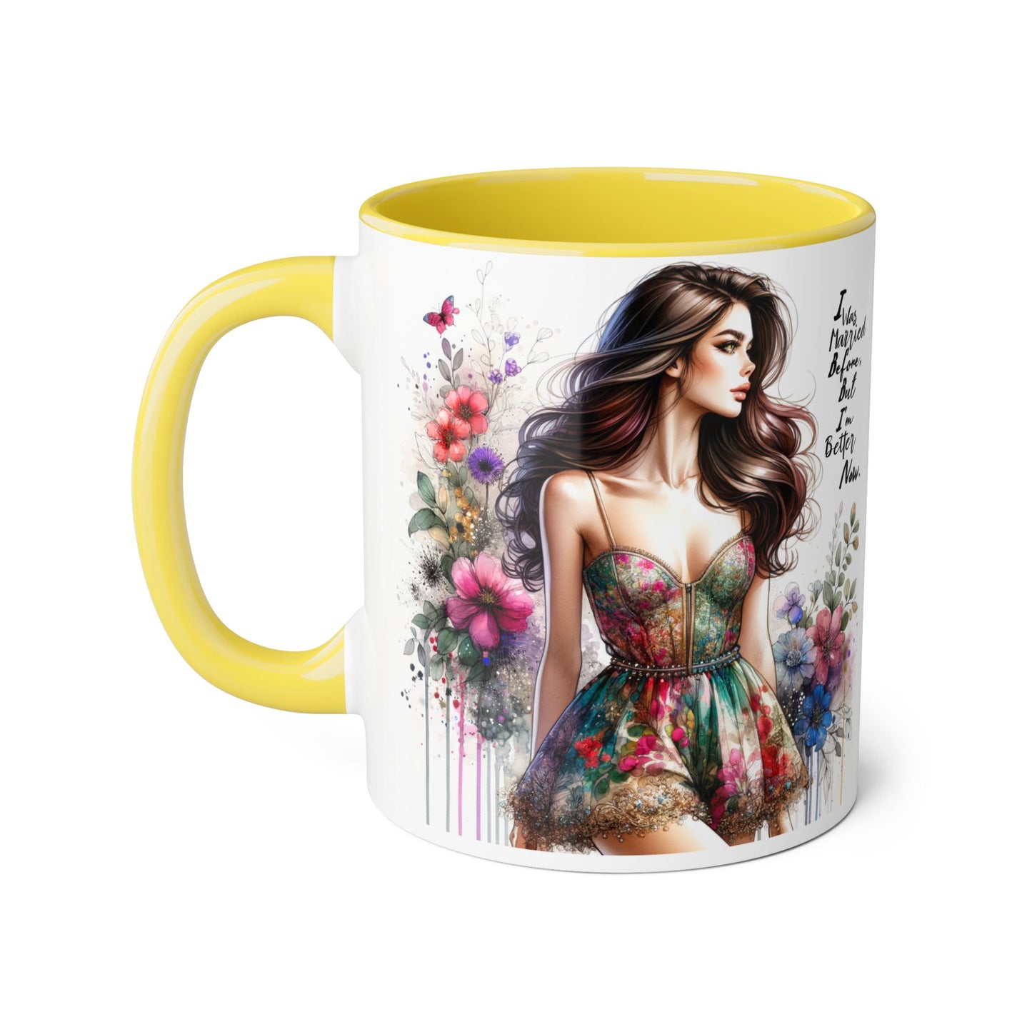 I Was Married Before But I'm Better Now Humoristic Inspirational Floral Accent Mug, Motivational Gift for Her, Home Decor Coffee Cup, Artful Tea Mug, Unique Present for Self-Care