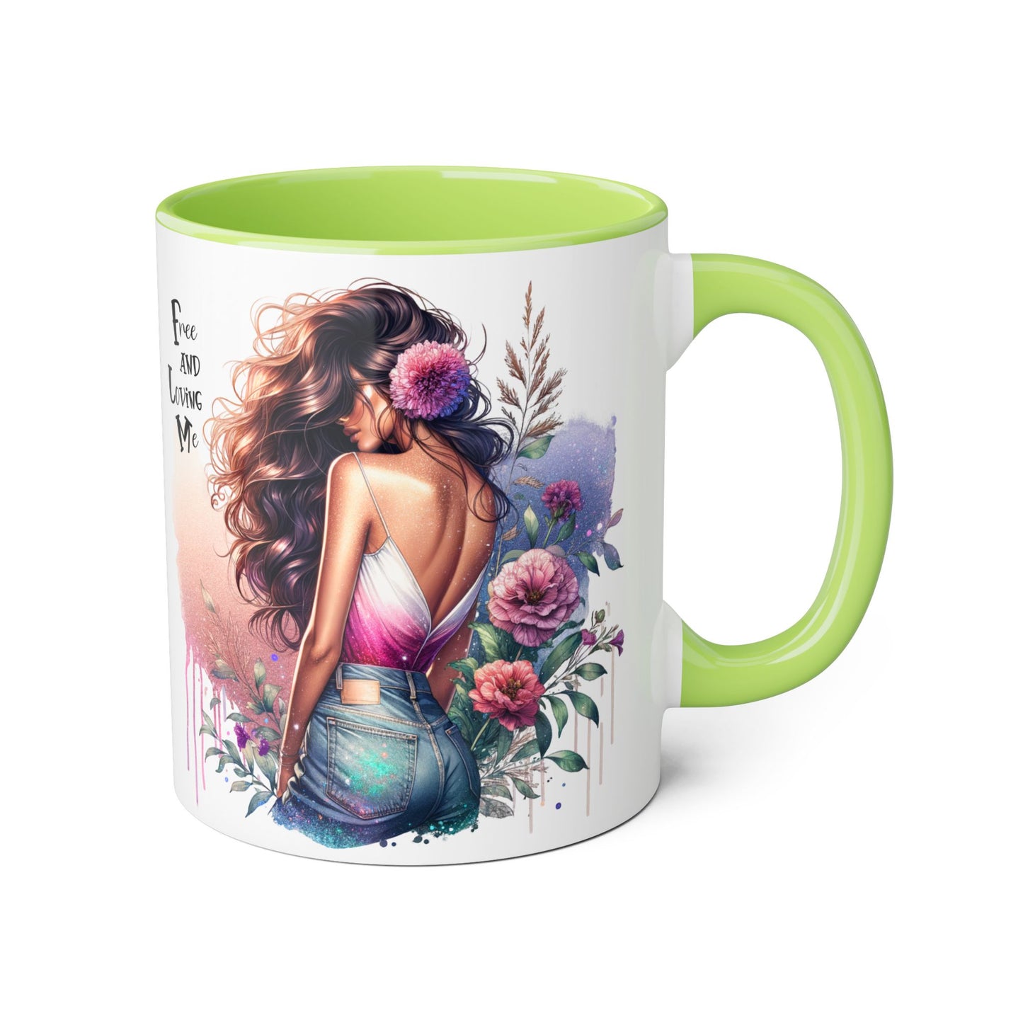Free and Loving Me Boho Floral Accent Mug, 11oz Coffee Cup, Inspirational Mug for Women, Gift for Friends, Cozy Home Decor, Self-Love Reminder