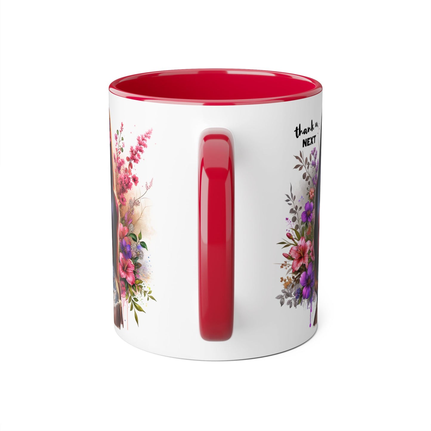 Thank U, Next Floral Accent Mug, Thank U Next Quote, Gift for Her, Coffee Cup, Unique Art, Black Handle Mug